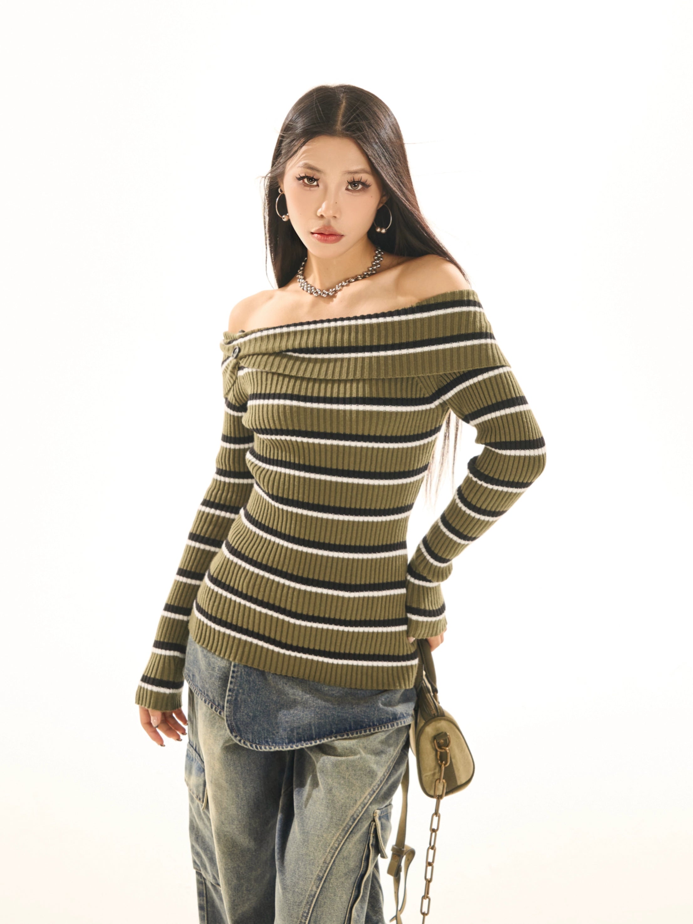 野生zerocircle一字肩撞色条纹毛衣女春季外穿修身显瘦针织衫上衣