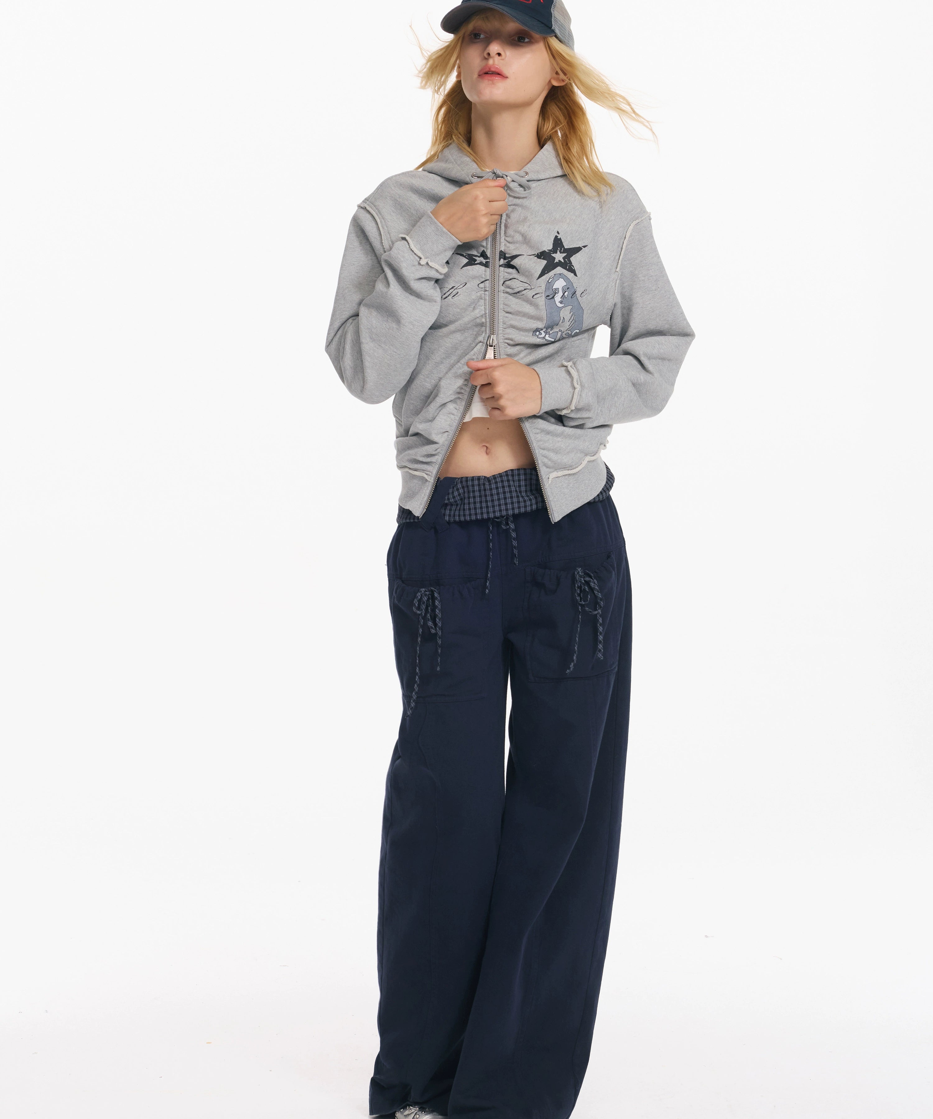 2th Desire 翻折泡泡感腰头系带立体口袋弯刀宽松休闲垂感长裤女