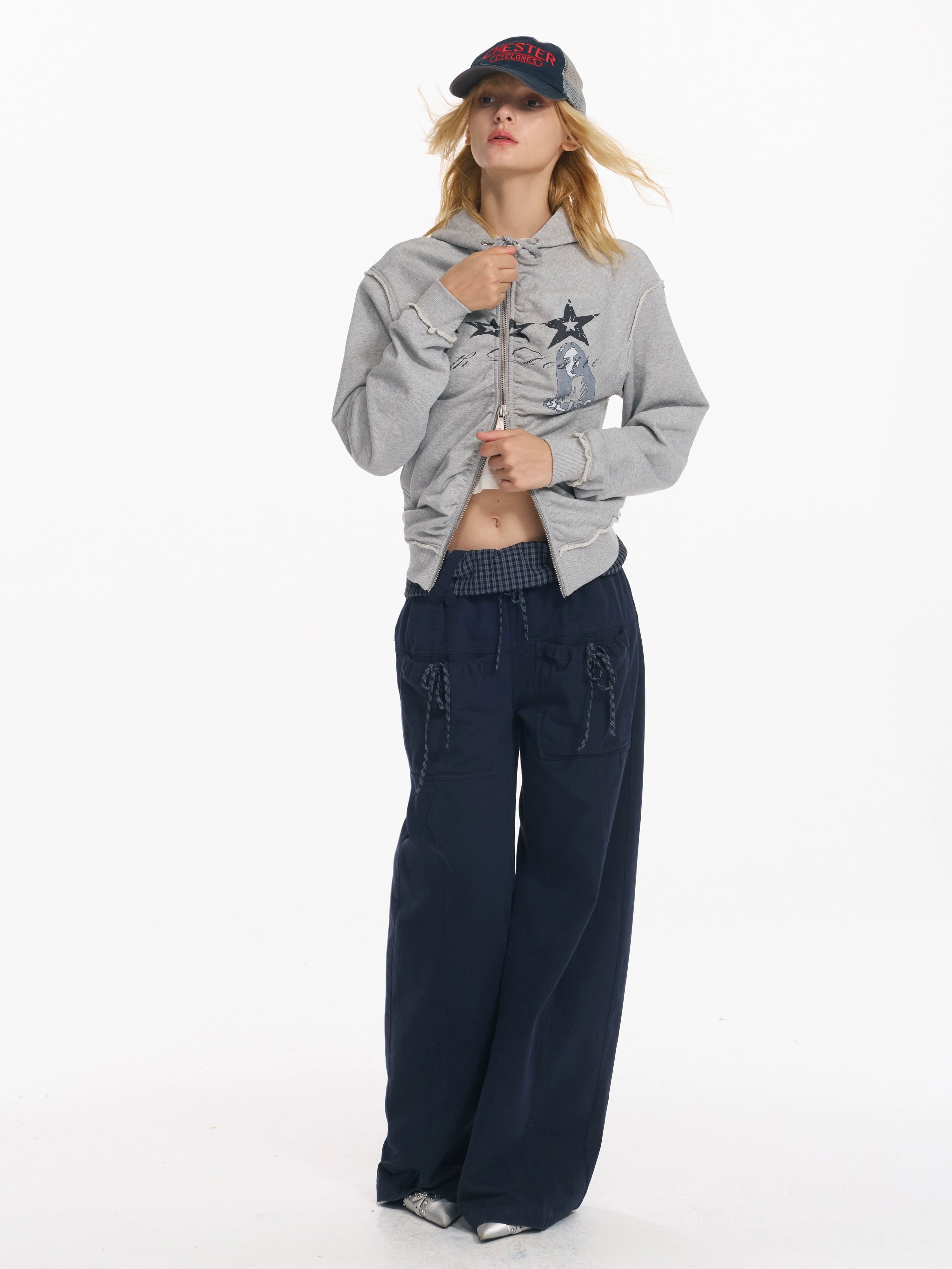 2th Desire 翻折泡泡感腰头系带立体口袋弯刀宽松休闲垂感长裤女