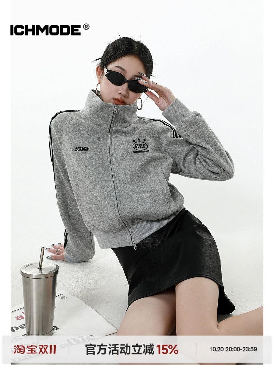ICH MODE 美式复古短款运动外套女秋冬宽松慵懒修身卫衣开衫上衣