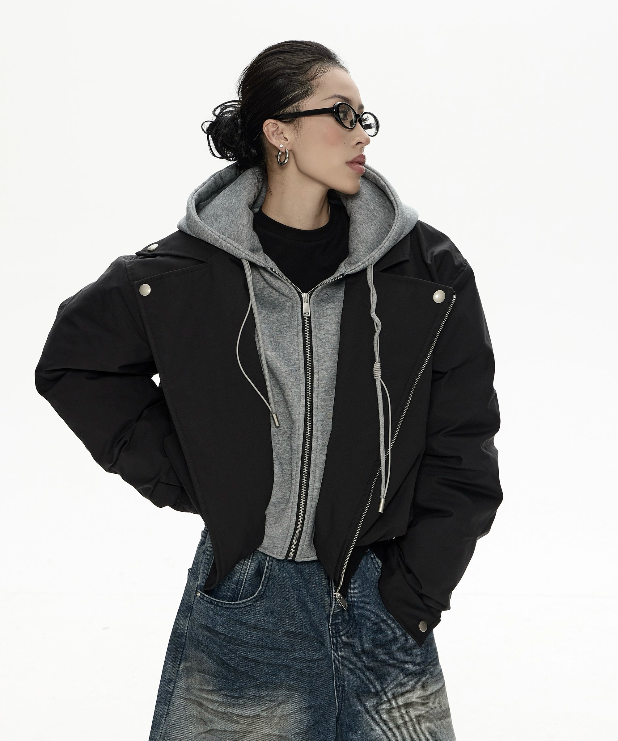 野生zero 假两件夹克棉服女秋冬新款设计感小众连帽宽松棉衣外套