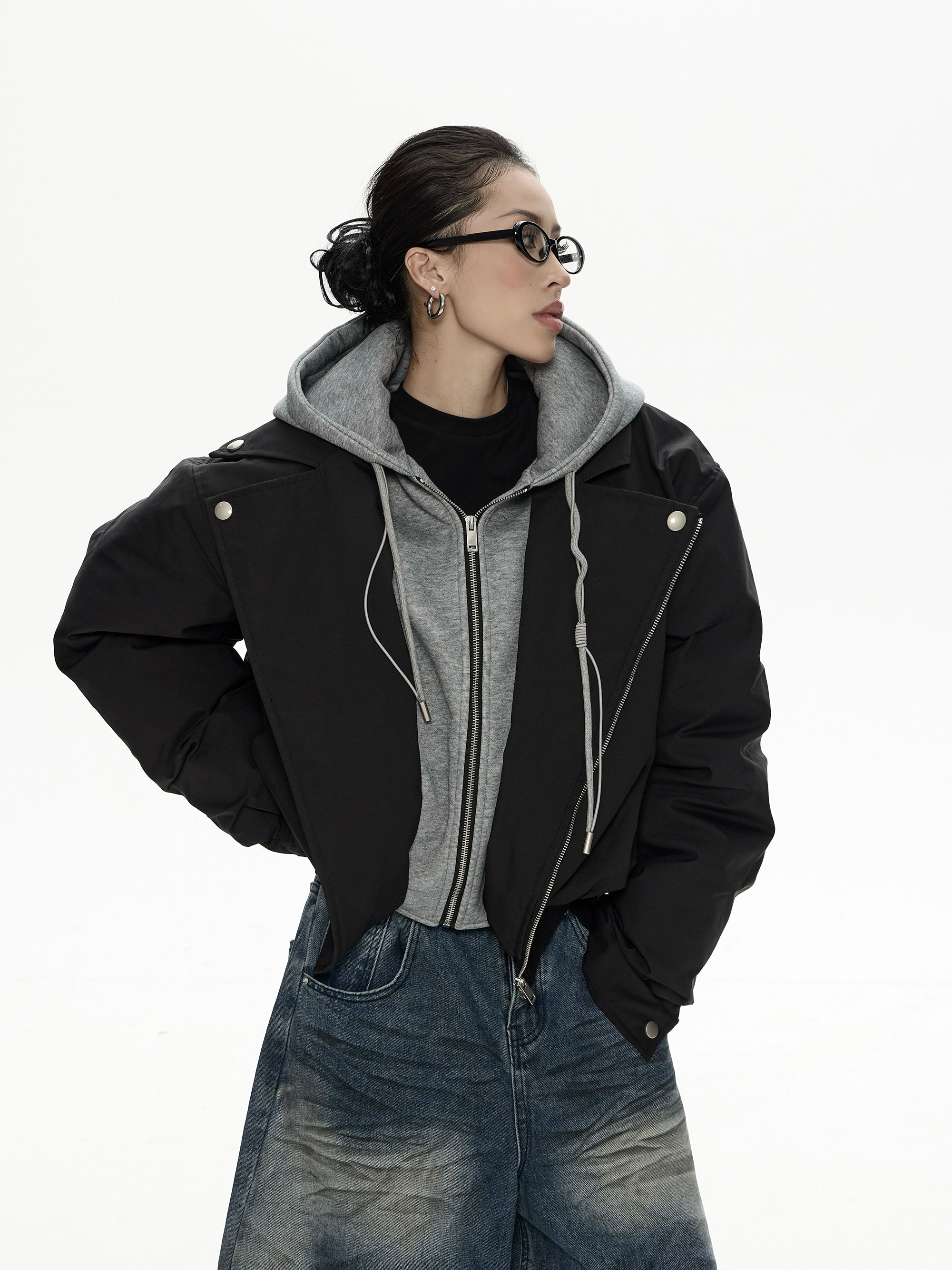 野生zero 假两件夹克棉服女秋冬新款设计感小众连帽宽松棉衣外套