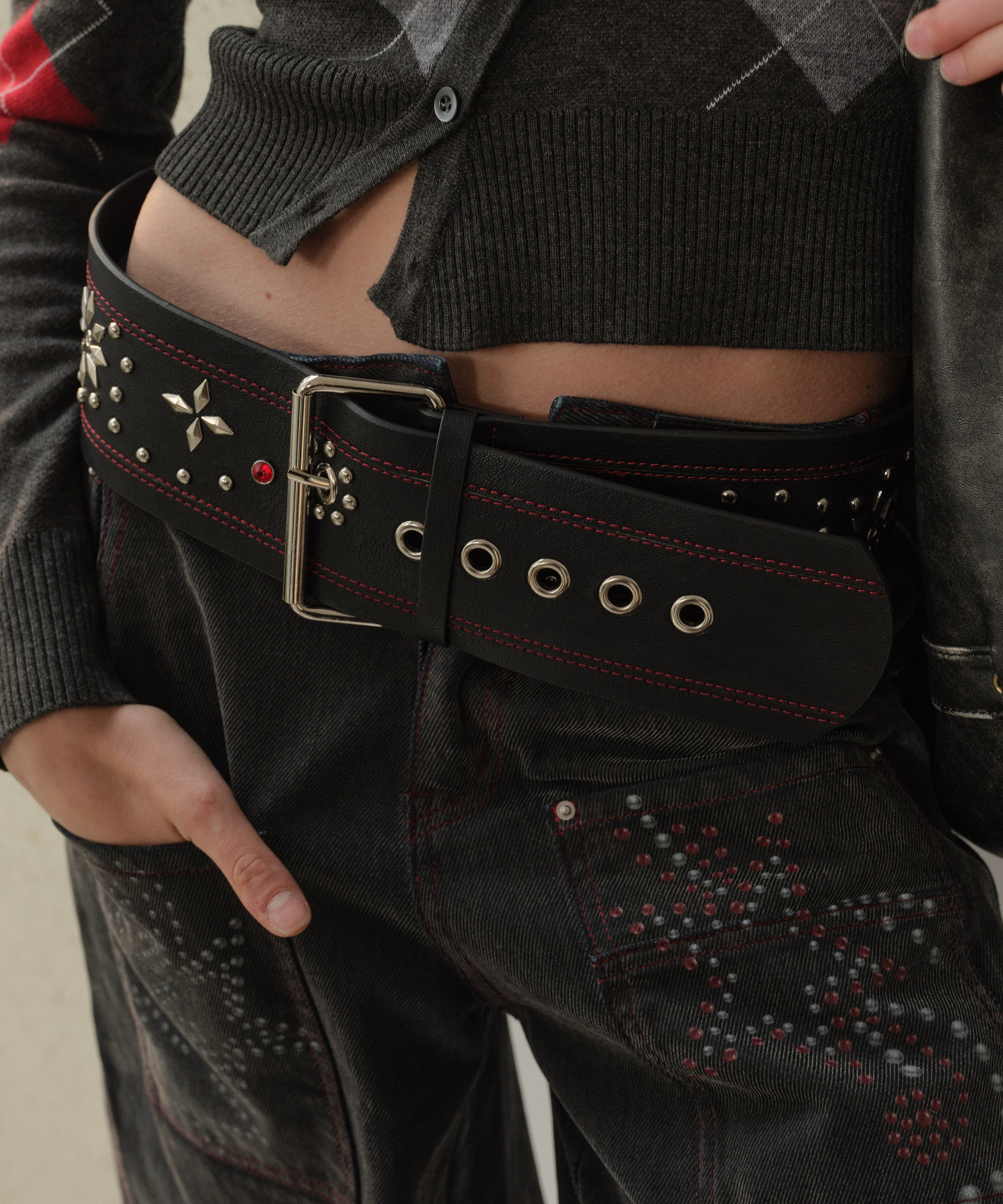 2th Desire朋克复古撞色小众设计感y2k辣妹铆钉钻石钉镶嵌宽腰带