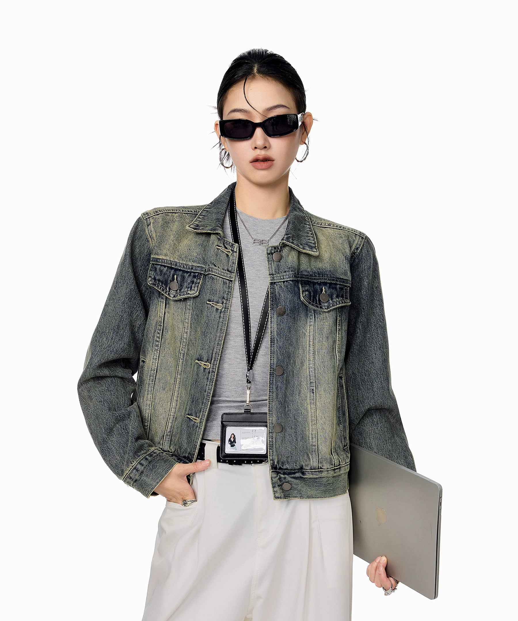 ICH MODE 美式复古做旧牛仔外套女秋冬2025新款短款开衫夹克上衣