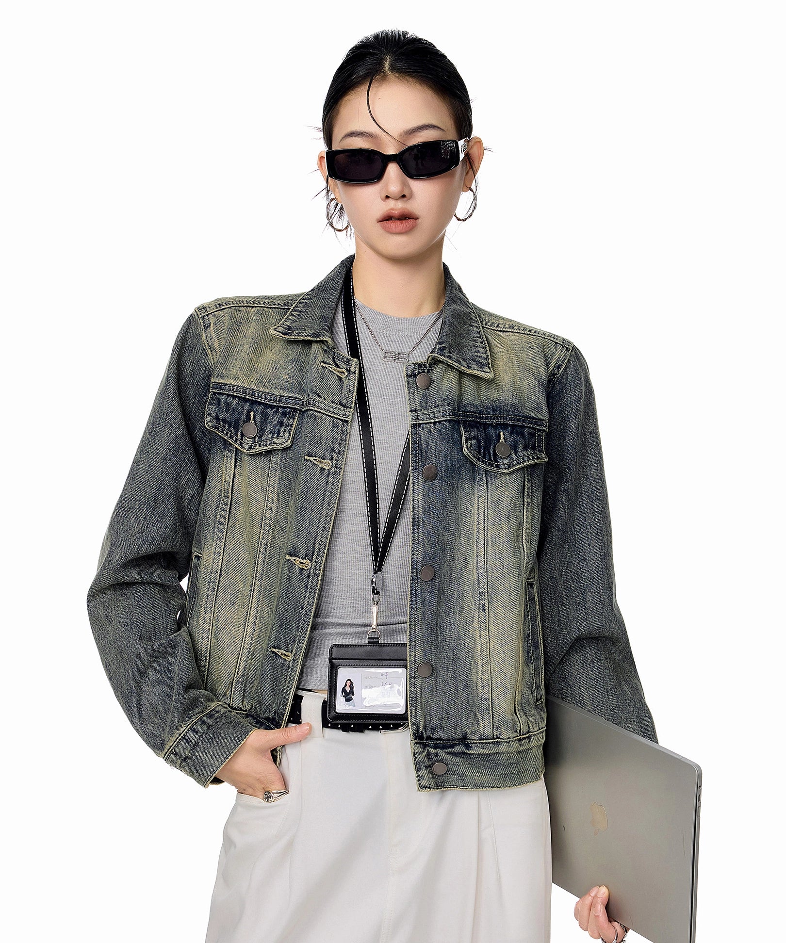 ICH MODE 美式复古做旧牛仔外套女秋冬2025新款短款开衫夹克上衣