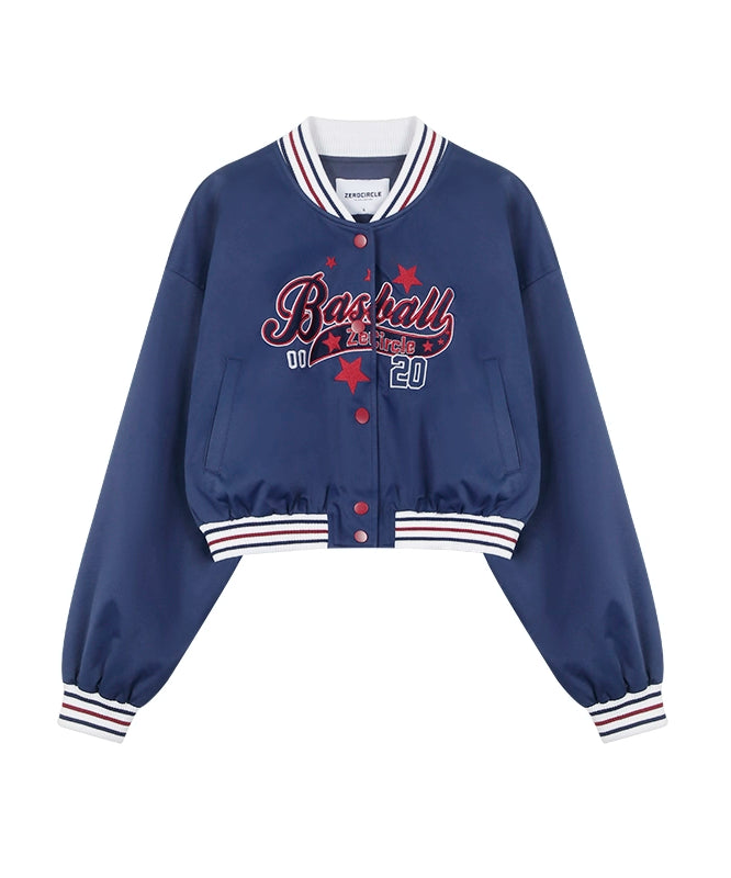 野生zerocircle短款棒球服女春季美式复古小众宽松设计感蓝色外套