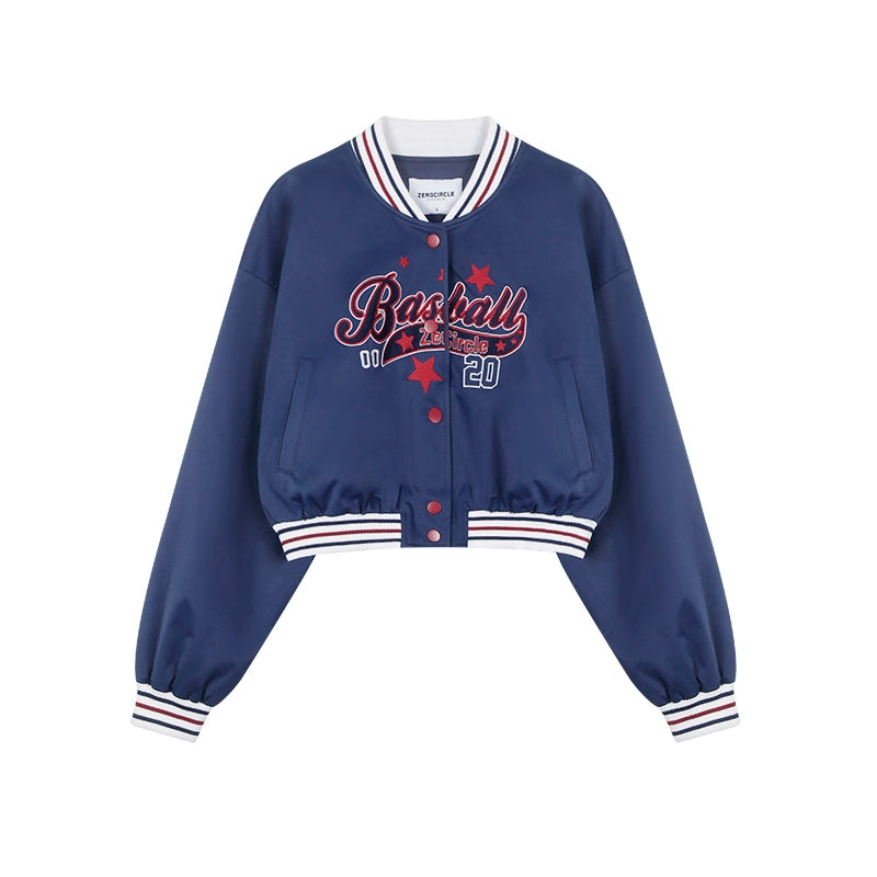 野生zerocircle短款棒球服女春季美式复古小众宽松设计感蓝色外套