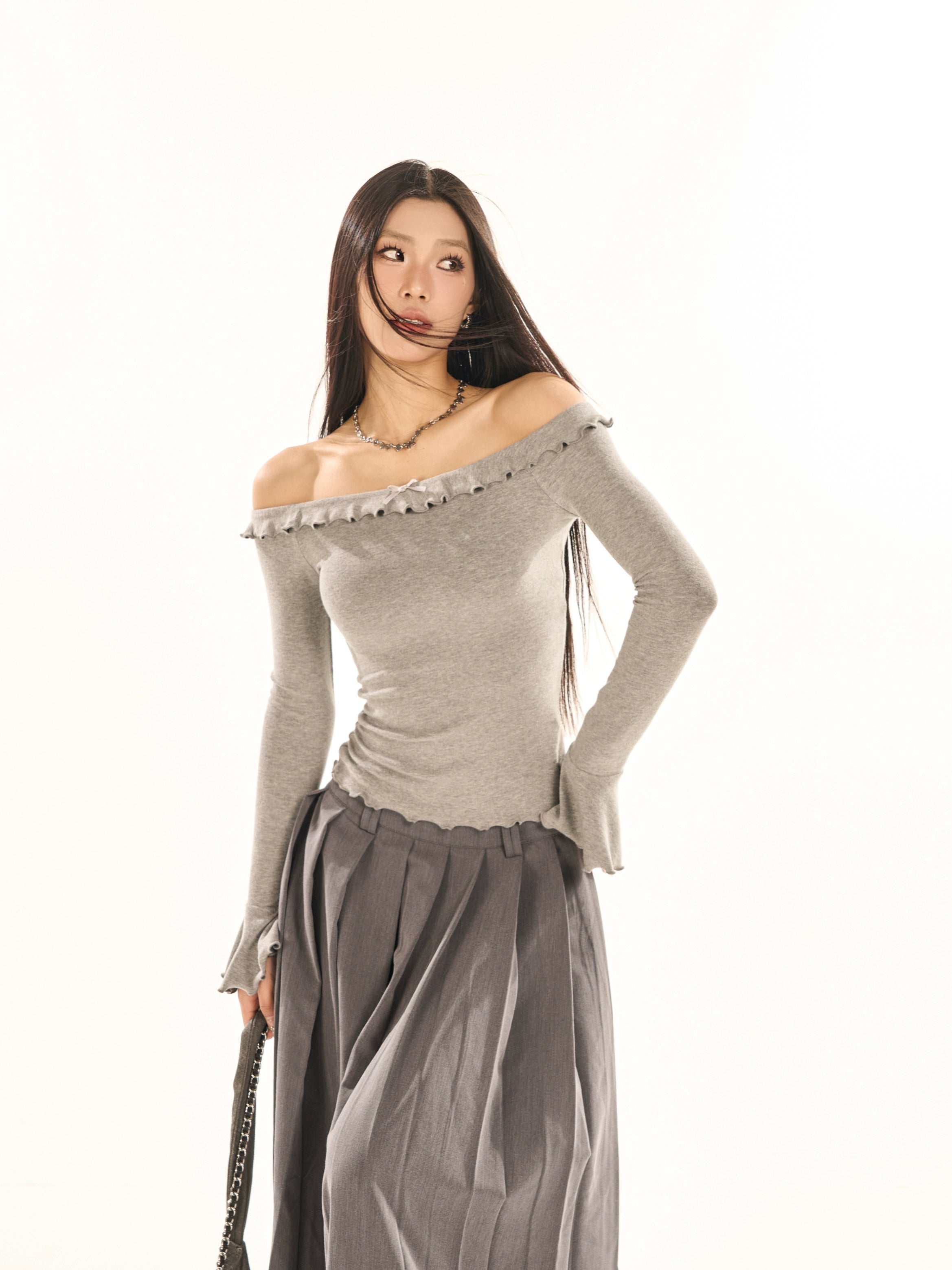 野生zerocircle 一字肩修身喇叭袖荷叶边针织上衣女春季白灰色t恤