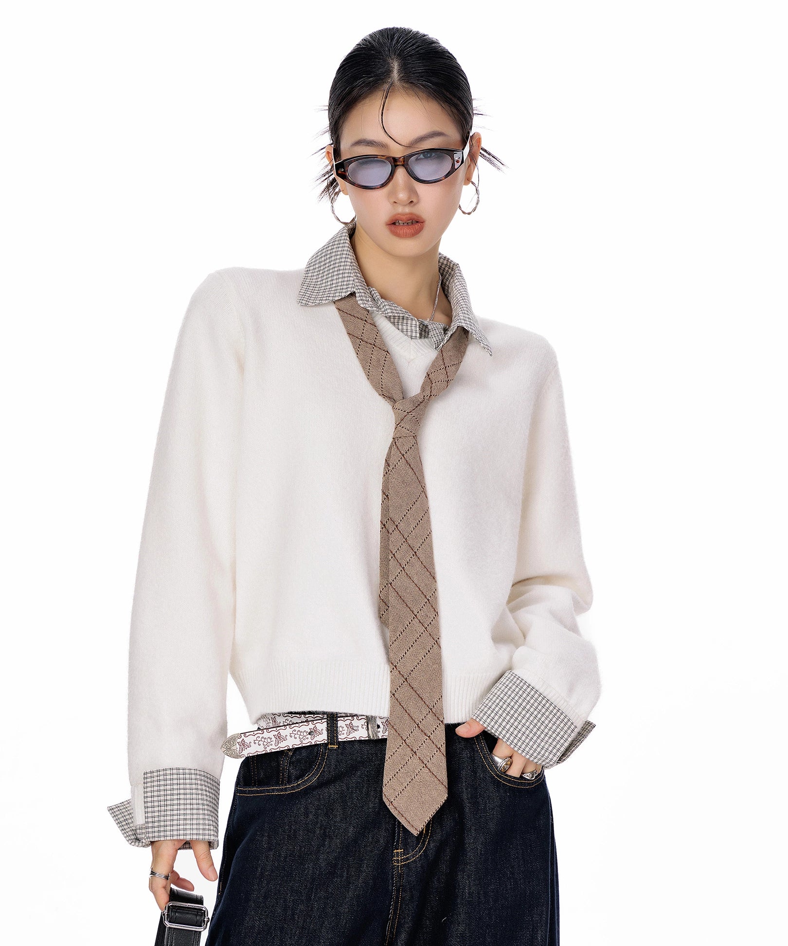 ICH MODE 美式复古假两件格子拼接毛衣女秋冬季毛针织衫POLO上衣