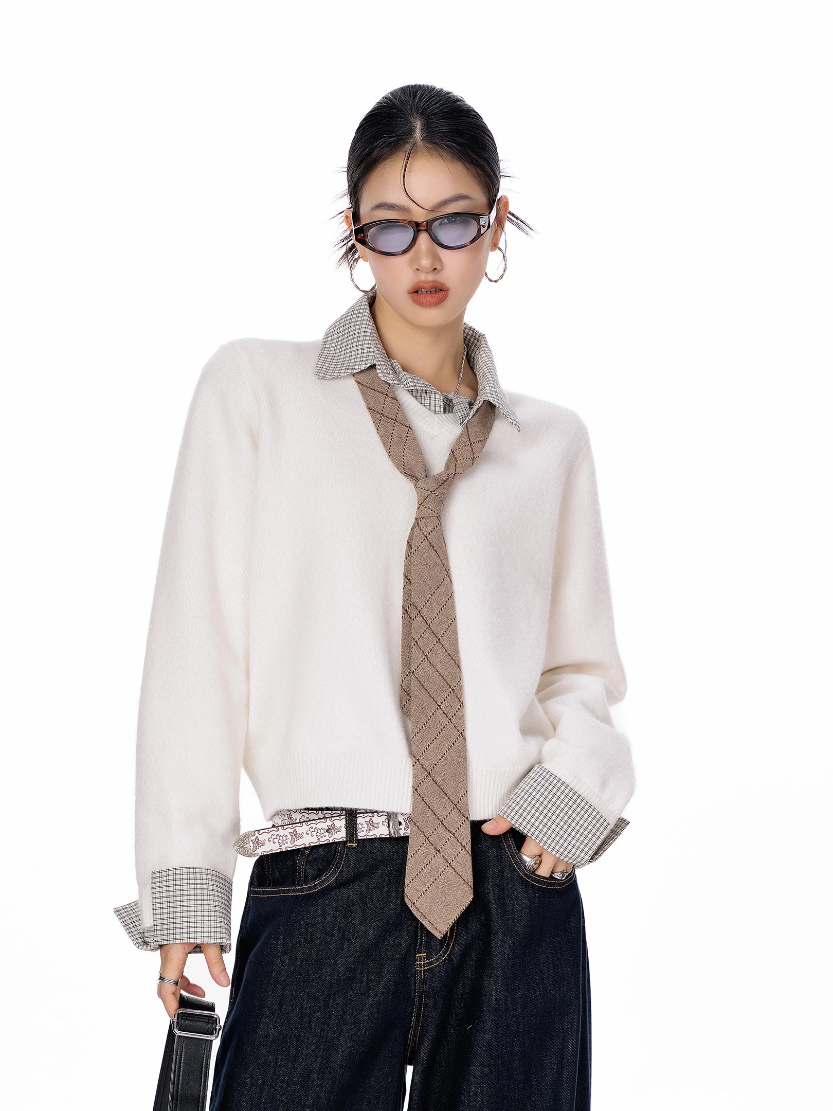 ICH MODE 美式复古假两件格子拼接毛衣女秋冬季毛针织衫POLO上衣