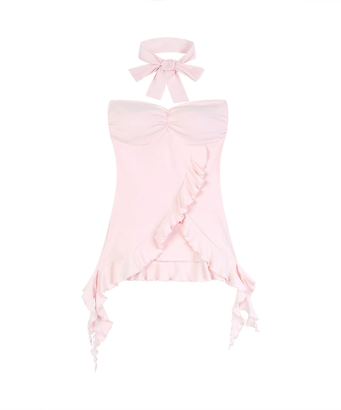 野生zero黑色抹胸女夏外穿辣妹修身显瘦荷叶边无袖短款带胸垫上衣