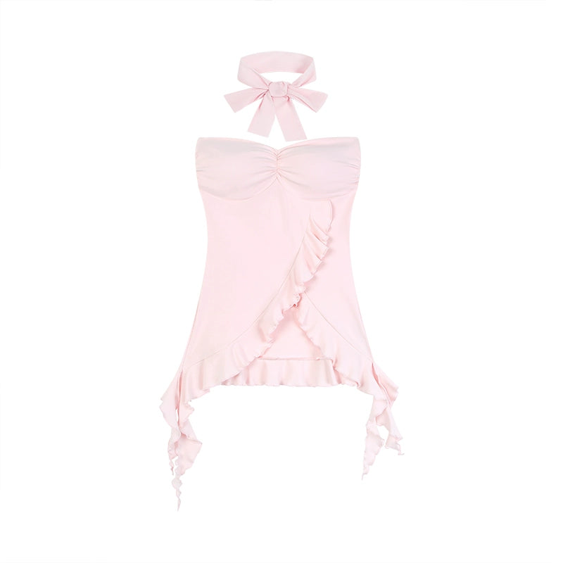 野生zero黑色抹胸女夏外穿辣妹修身显瘦荷叶边无袖短款带胸垫上衣