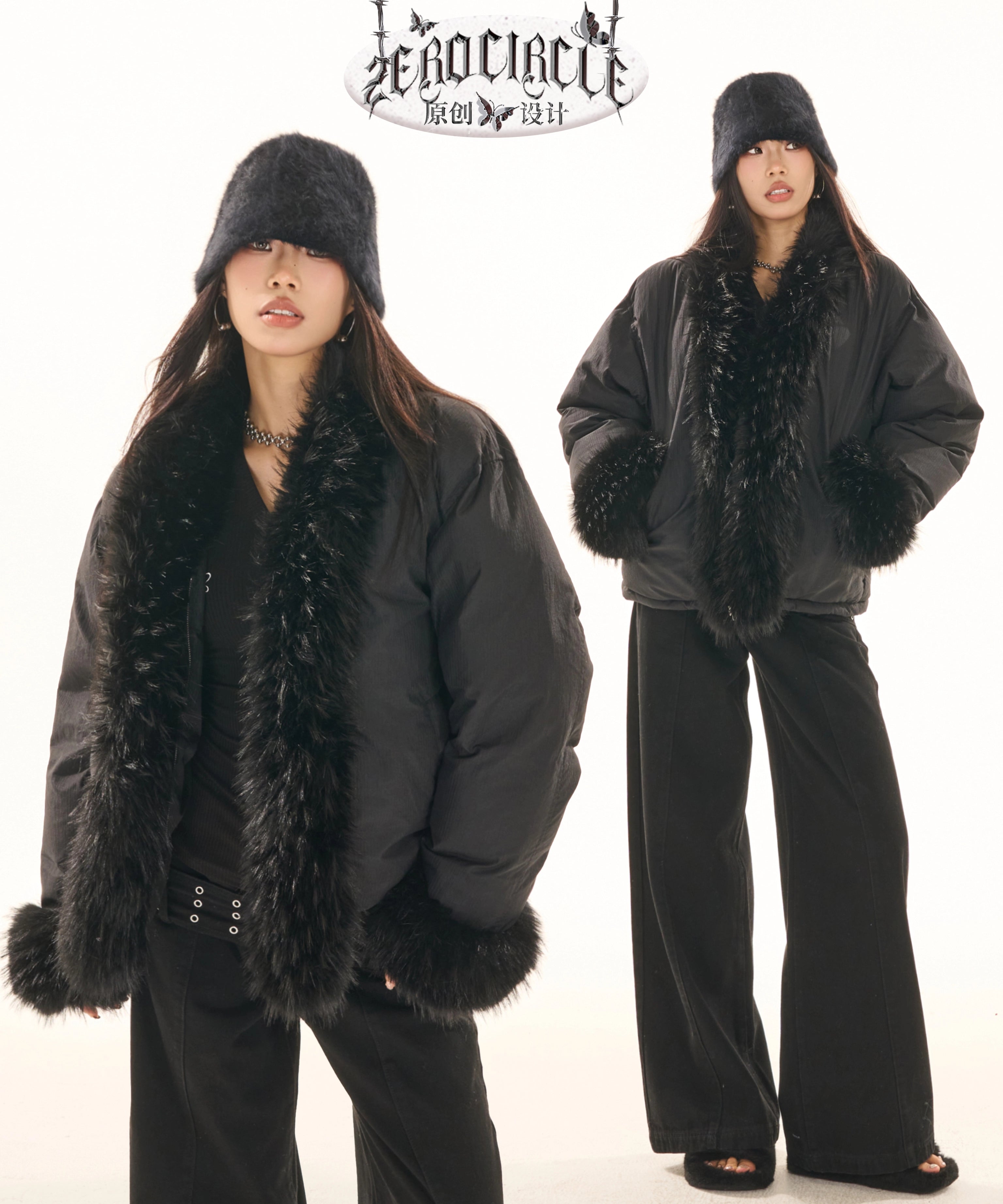 野生zerocircle黑色鸭绒毛领羽绒服女冬季设计感小众宽松加厚外套