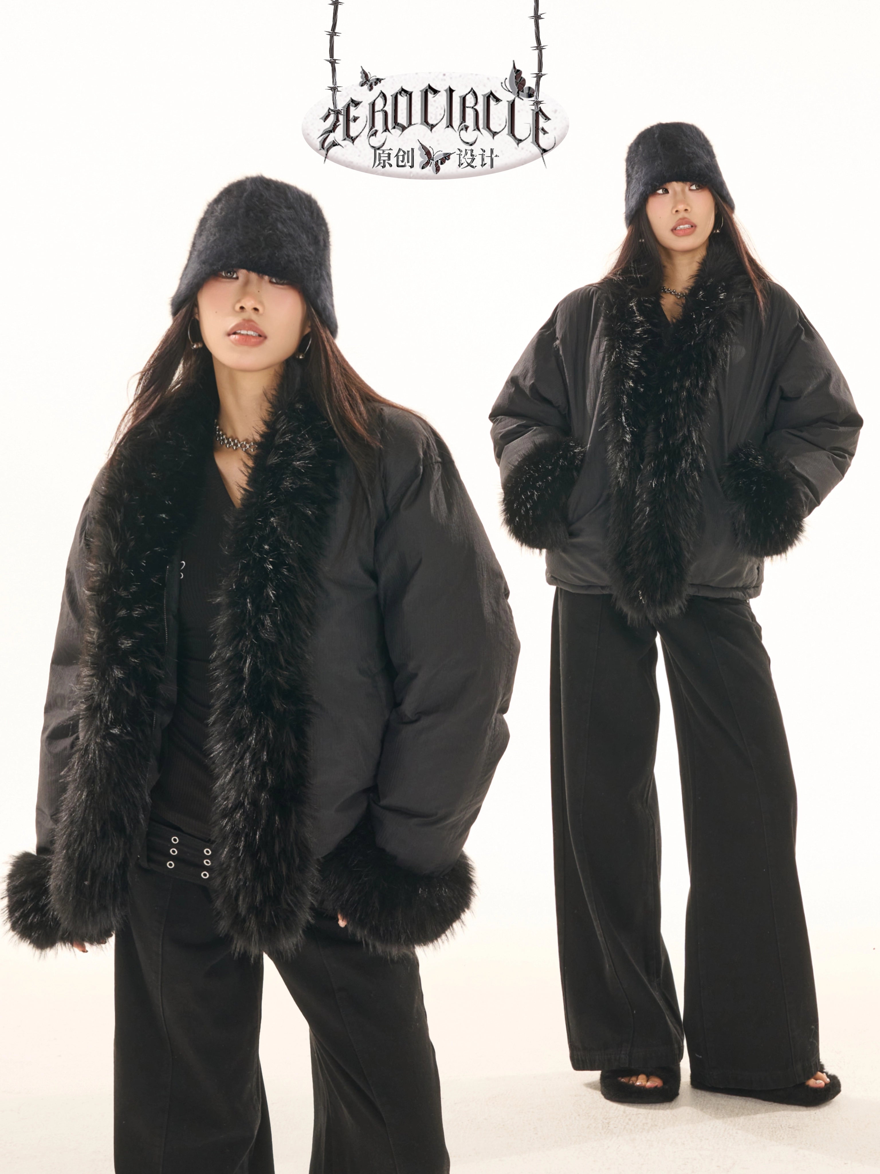 野生zerocircle黑色鸭绒毛领羽绒服女冬季设计感小众宽松加厚外套