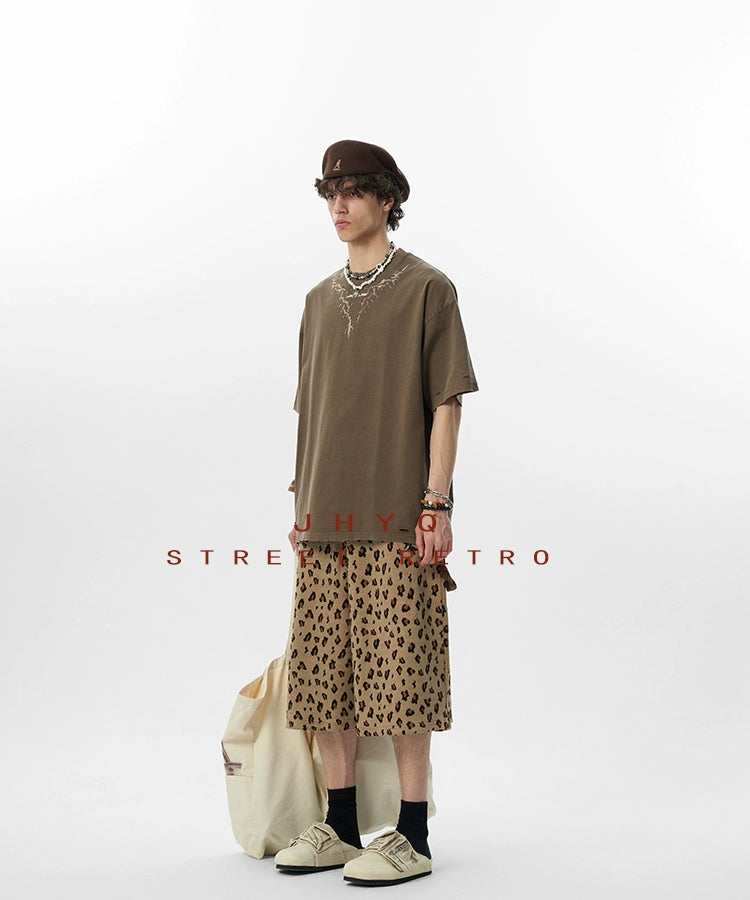 【李沛恩同款】JHYQ美式印花重磅磨毛水洗短袖T恤男宽松破洞五分