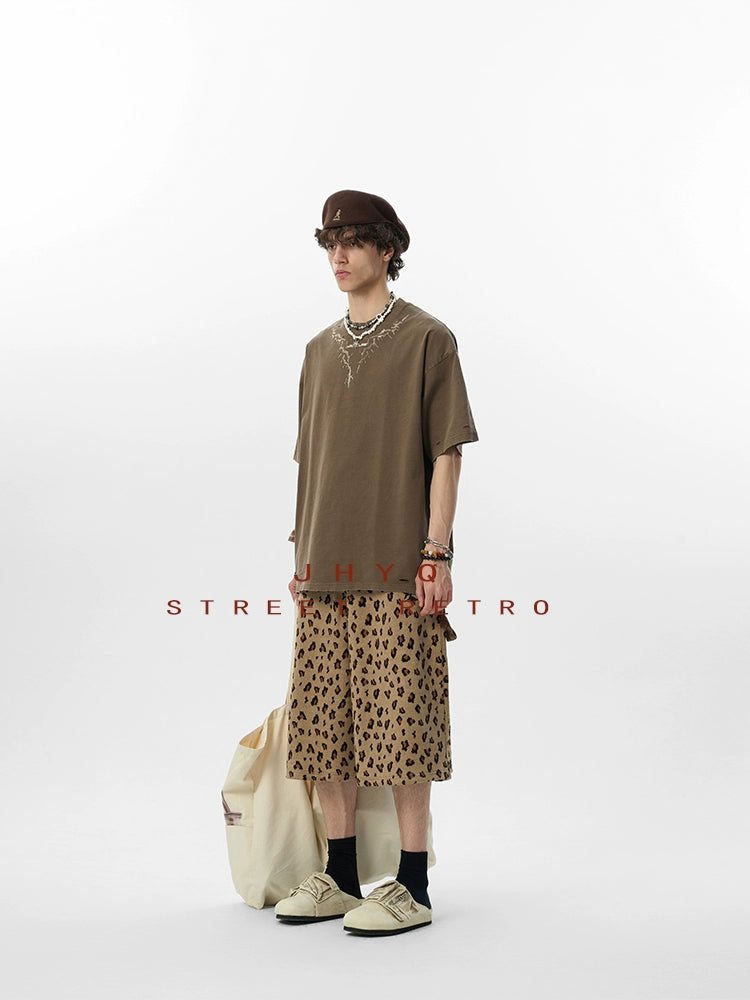 【李沛恩同款】JHYQ美式印花重磅磨毛水洗短袖T恤男宽松破洞五分