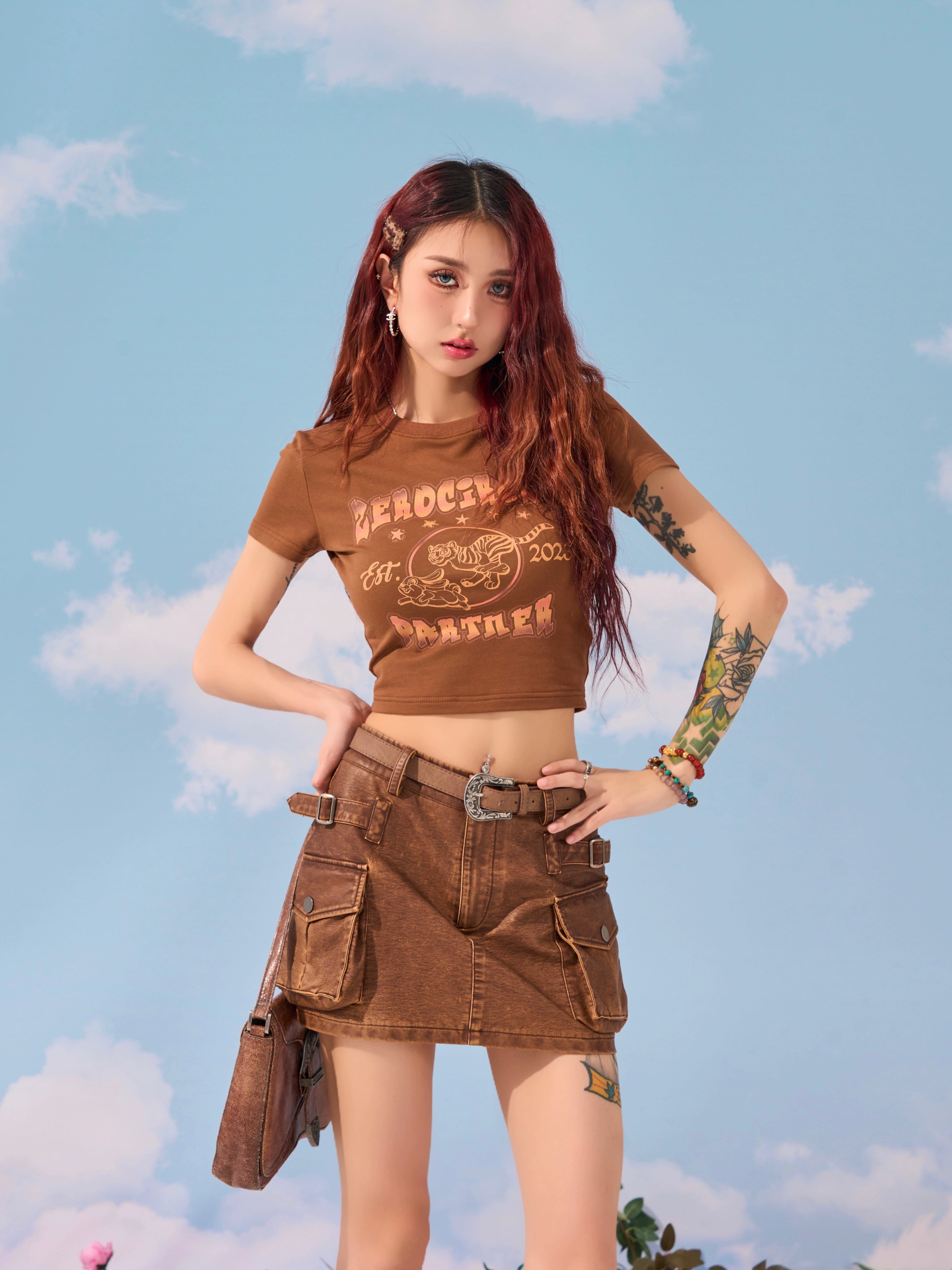 野生zerocircle棕咖色半身皮裙女夏设计感辣妹包臀显瘦低腰短裙子