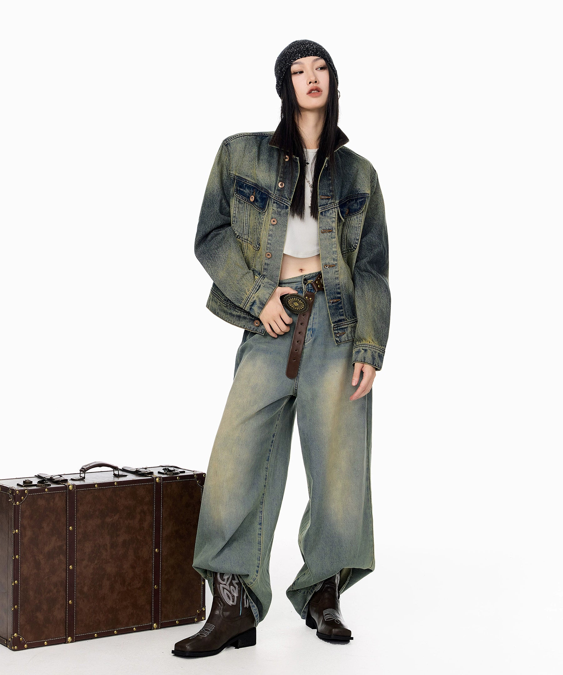 ICH MODE 美式复古水洗做旧牛仔外套女2025秋冬新款翻领夹克上衣