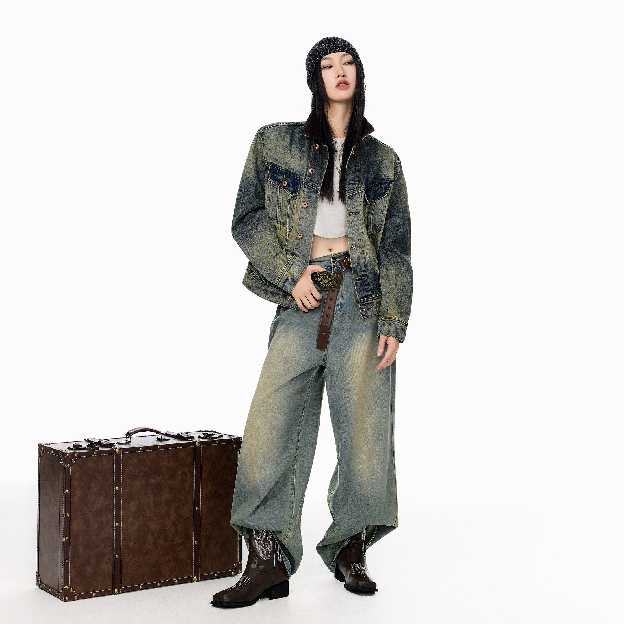 ICH MODE 美式复古水洗做旧牛仔外套女2025秋冬新款翻领夹克上衣