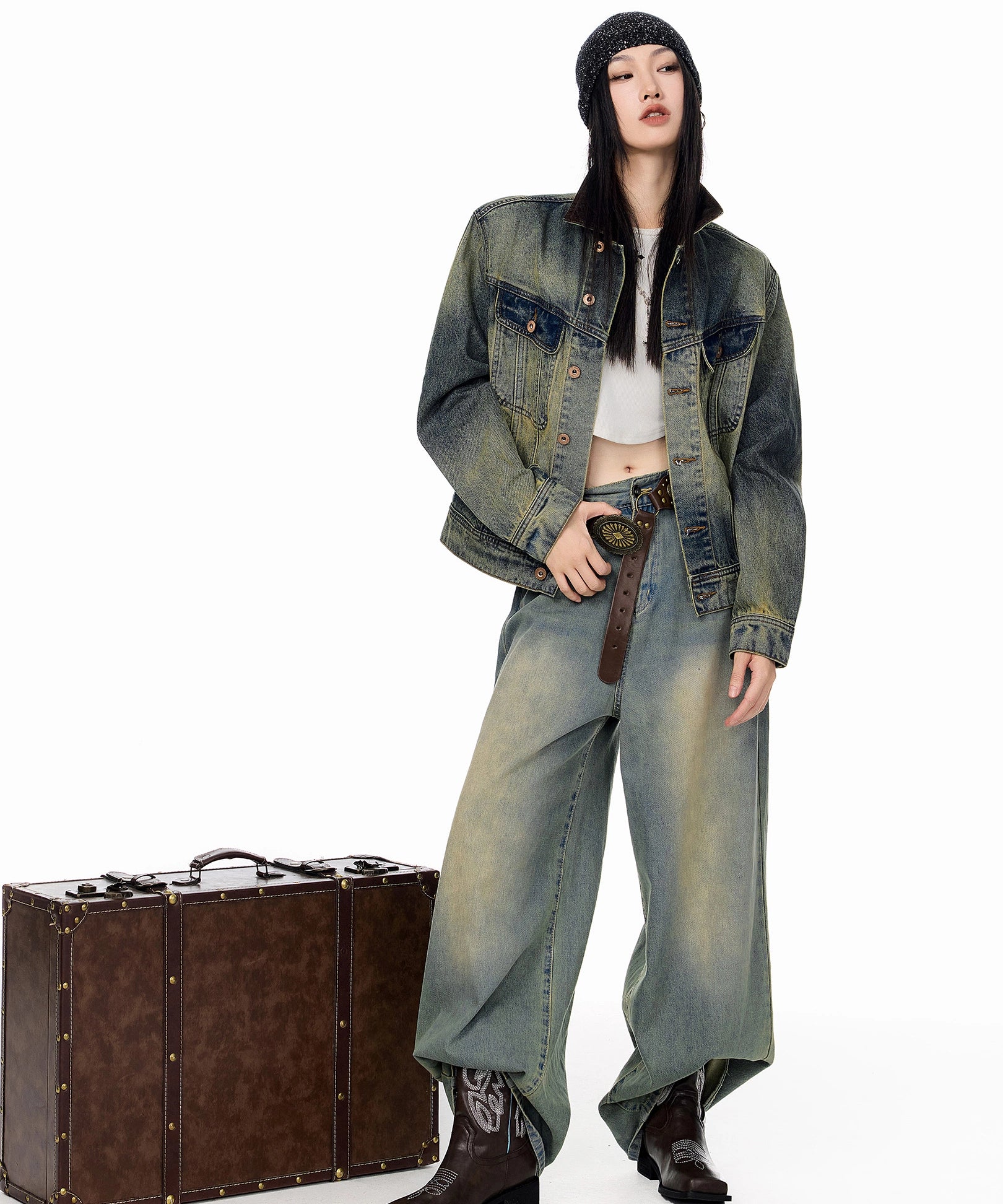 ICH MODE 美式复古水洗做旧牛仔外套女2025秋冬新款翻领夹克上衣