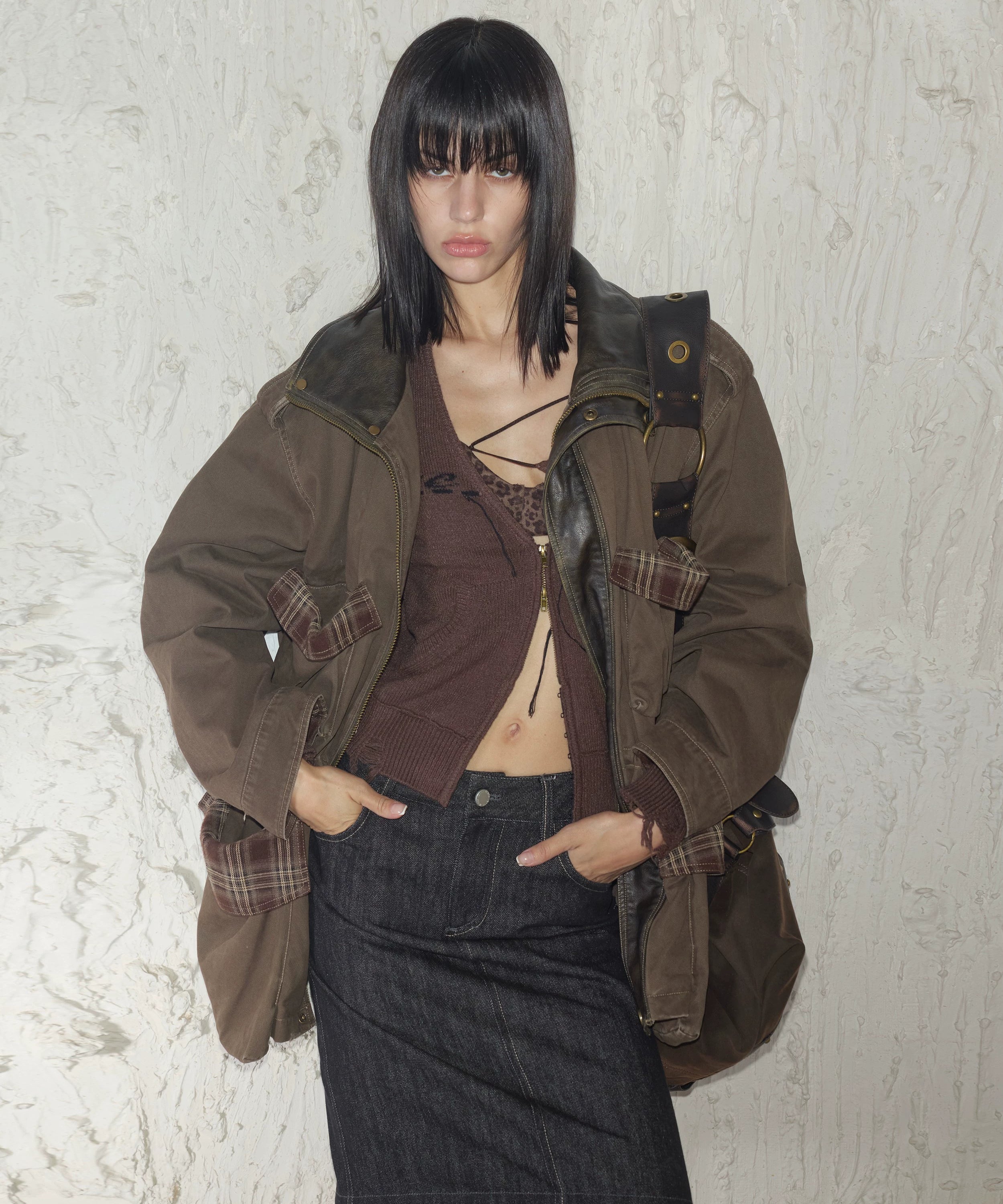 2th Desire重工做旧磨破复古拼色拉链中长款立体口袋工装风衣外套