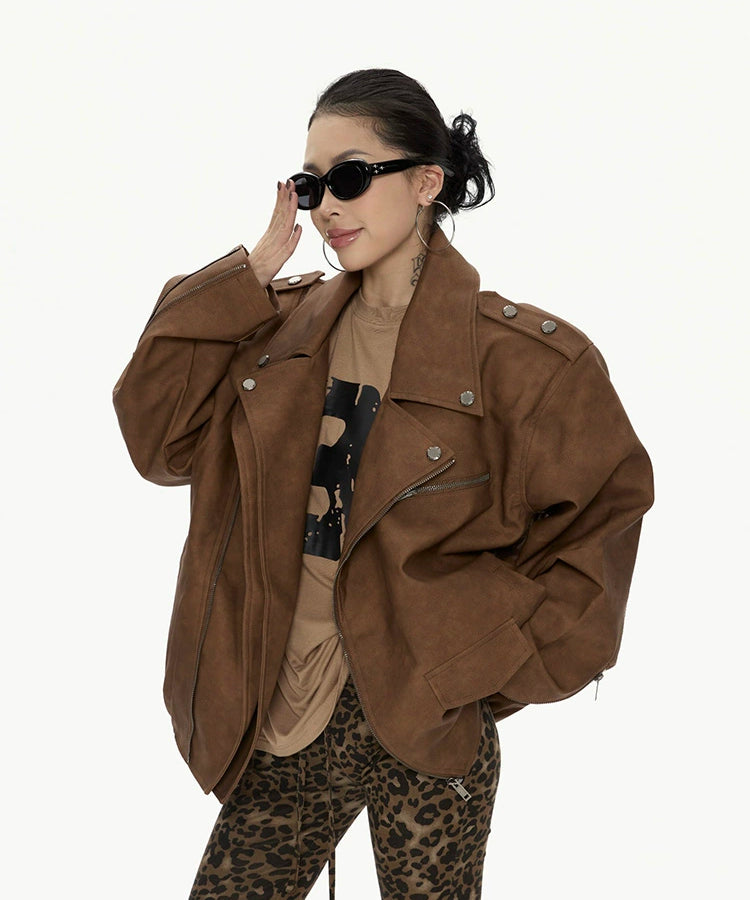 野生zero 美式复古廓形pu皮衣外套女秋冬新款酷飒风机车夹克上衣