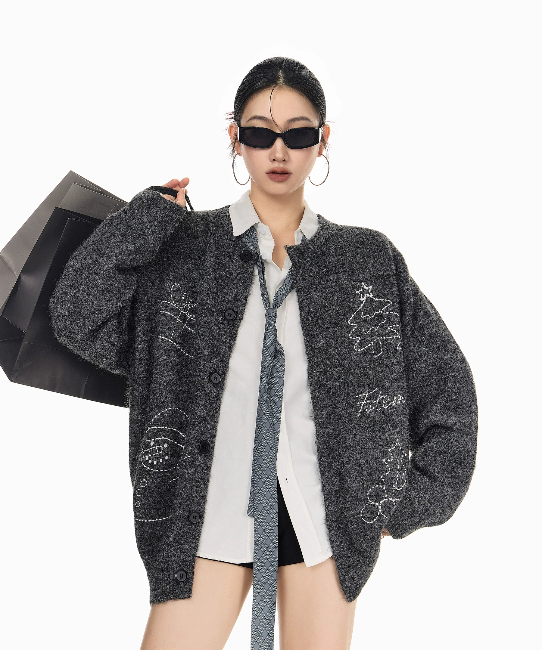 ICH MODE 美式复古圣诞针织毛衣开衫女2025新款秋冬休闲毛衣外套