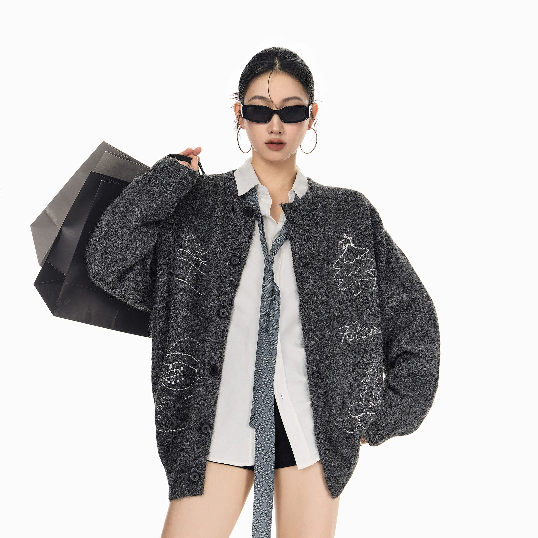 ICH MODE 美式复古圣诞针织毛衣开衫女2025新款秋冬休闲毛衣外套