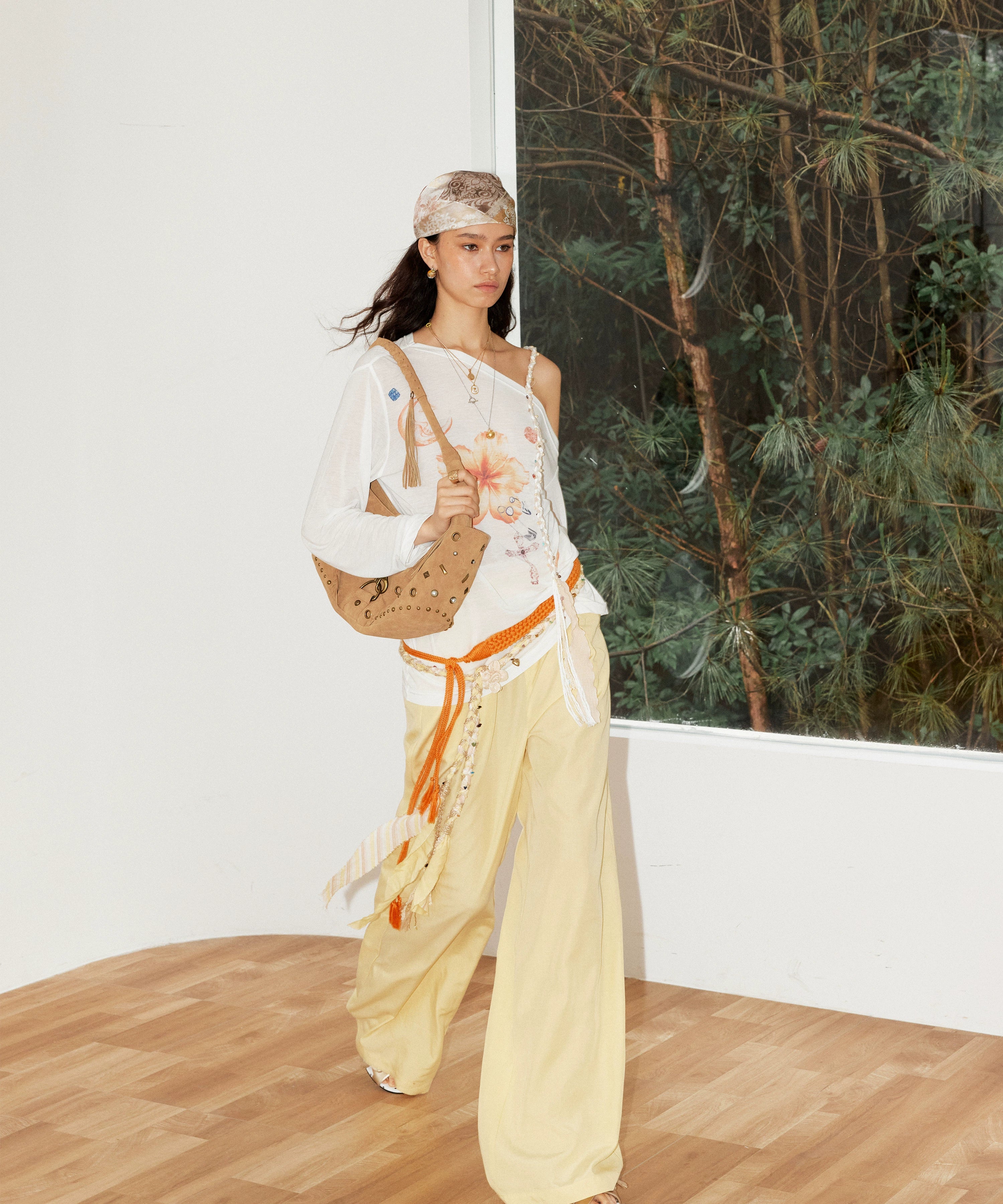 2th Desire复古松弛垂坠撞色腰头蕾丝花边拼接宽松直筒亚麻休闲裤