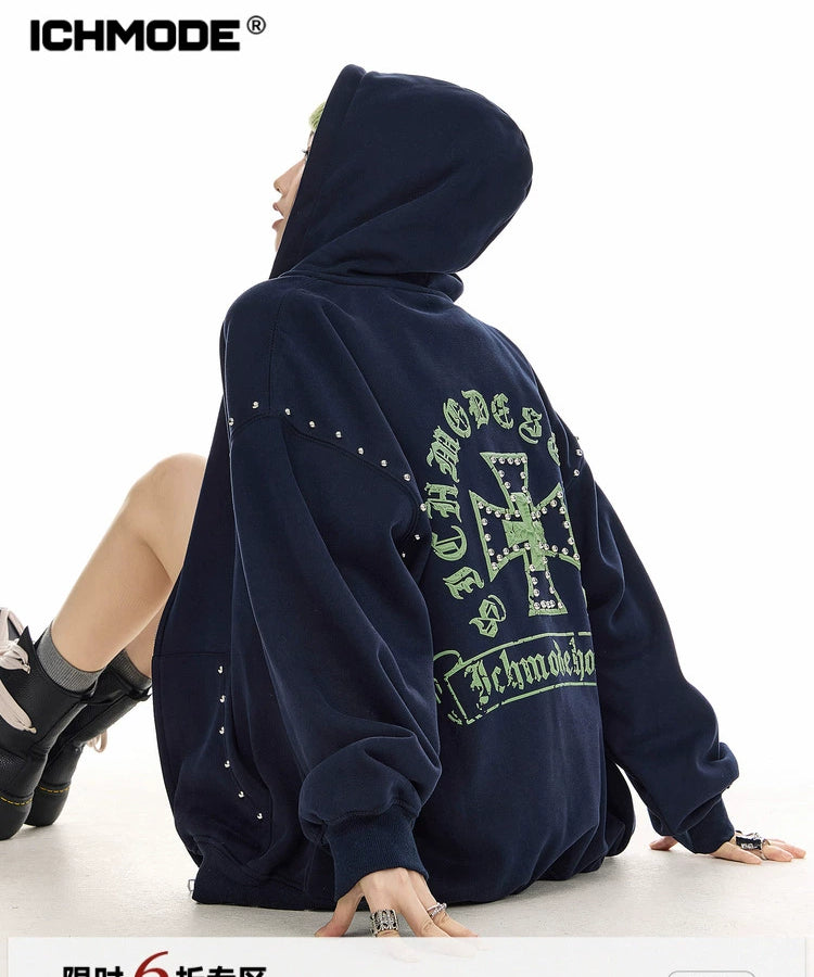 ICH MODE 美式哥特风复古钢珠加绒外套女秋冬季连帽上衣开衫卫衣