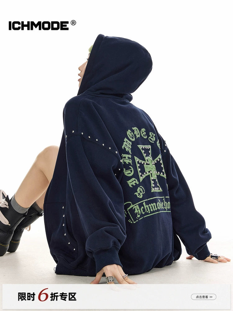 ICH MODE 美式哥特风复古钢珠加绒外套女秋冬季连帽上衣开衫卫衣