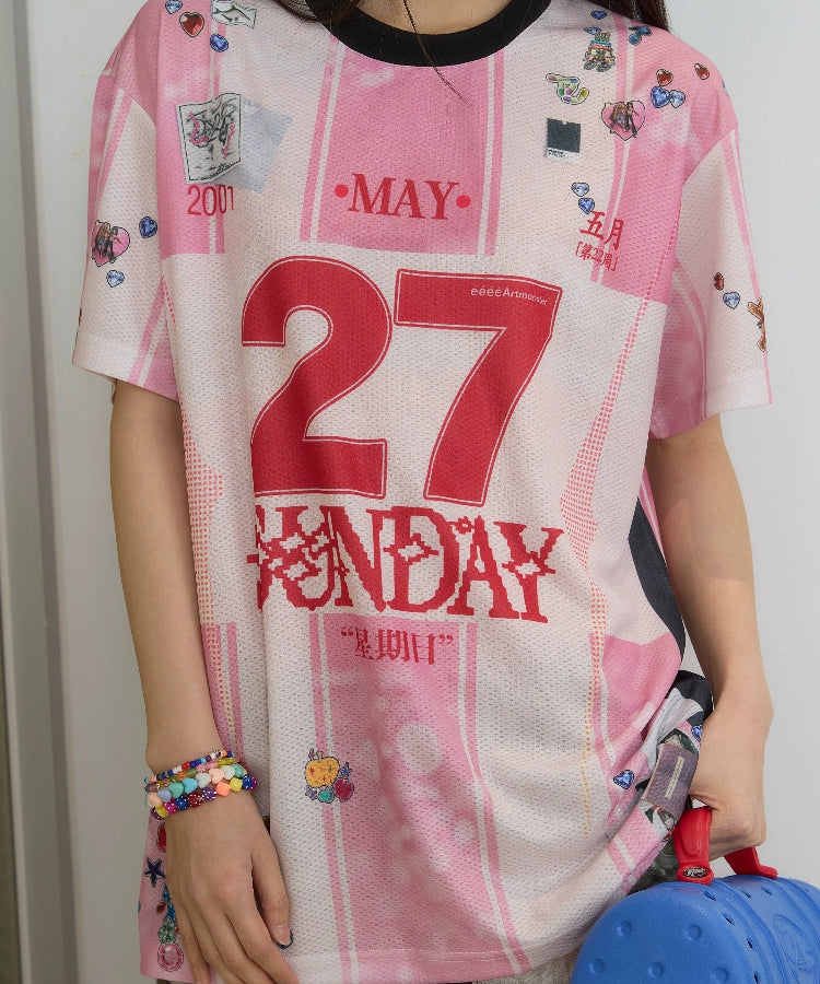 “纪念日”| eeee粉色日历条纹贴纸运动风球衣复古撞色短袖T恤夏