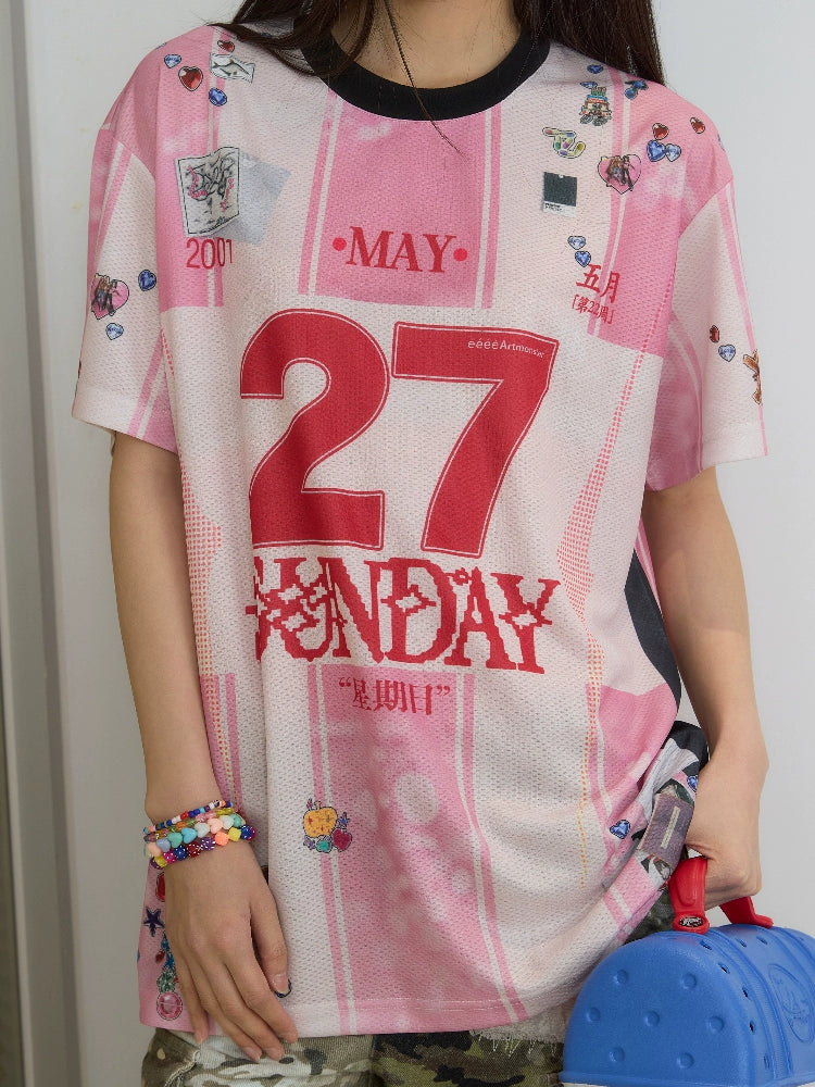 “纪念日”| eeee粉色日历条纹贴纸运动风球衣复古撞色短袖T恤夏