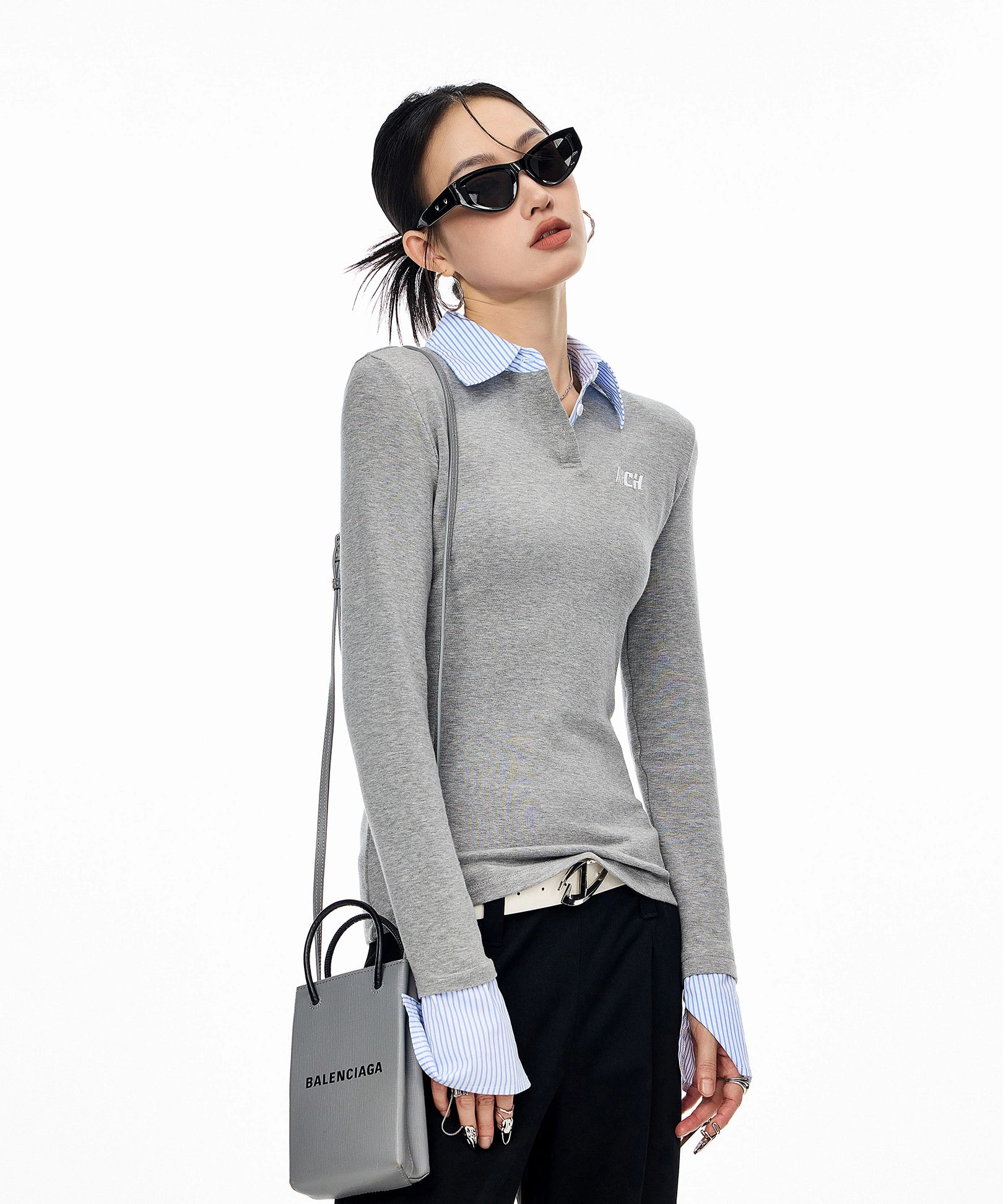 ICH MODE 美式复古假两件长袖T恤女新款修身POLO衫内搭打底衫上衣