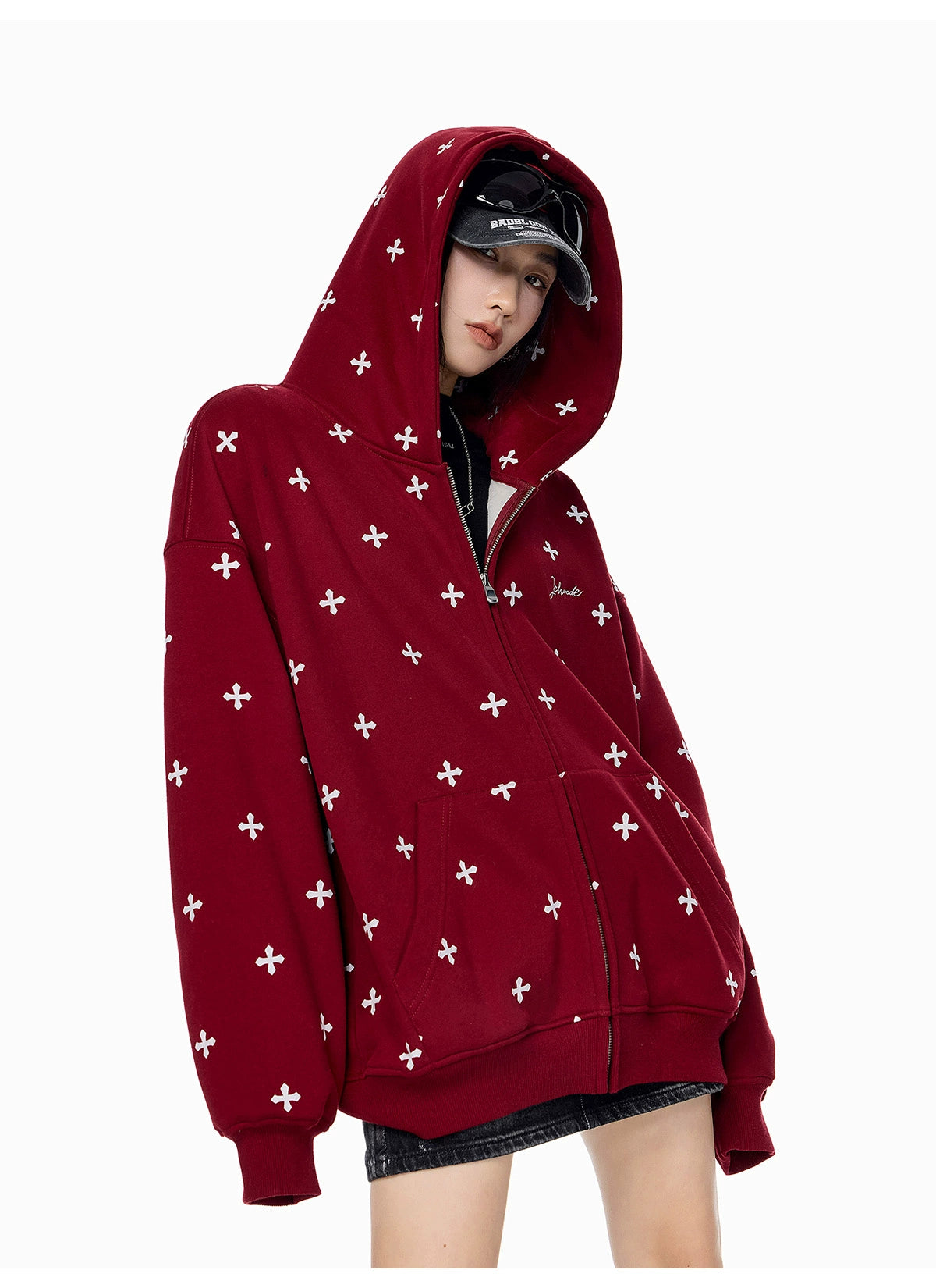 ICH MODE 美式哥特风十字架满印连帽卫衣外套女秋冬拉链开衫上衣