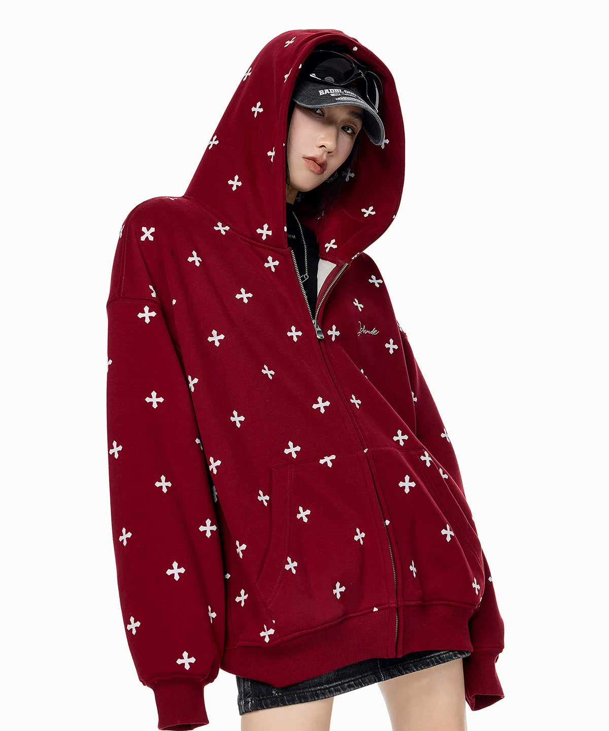 ICH MODE 美式复古满印十字架连帽卫衣外套女秋冬季拉链上衣开衫