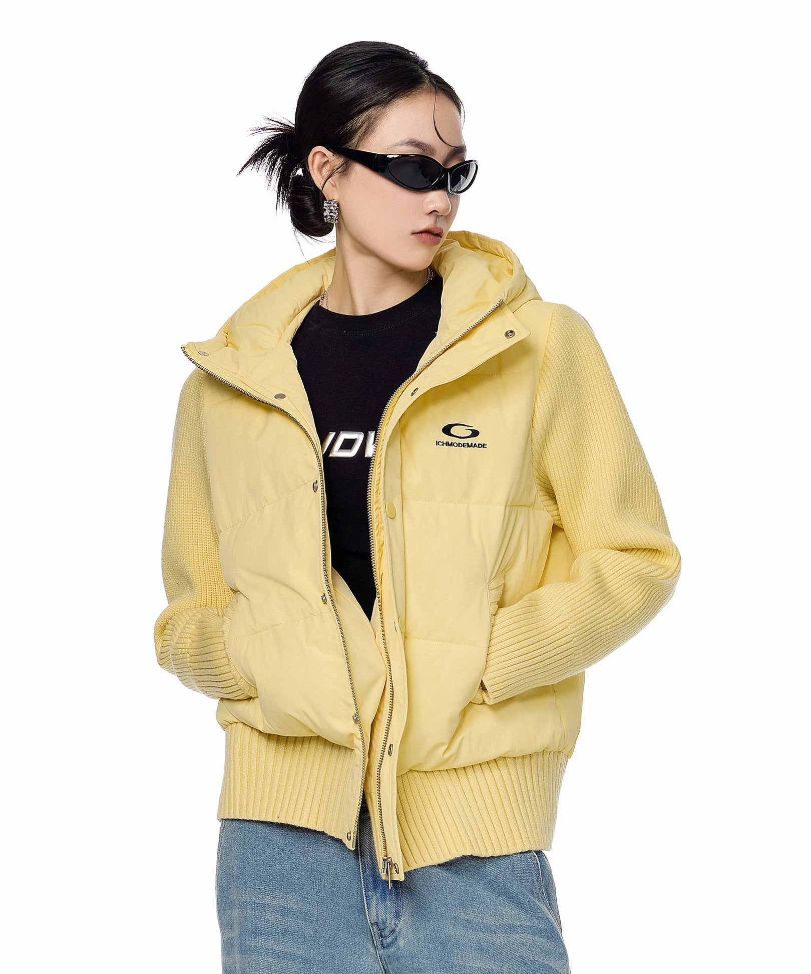 ICH MODE 美式复古假两件短款棉服外套女秋冬季修身连帽棉衣上衣