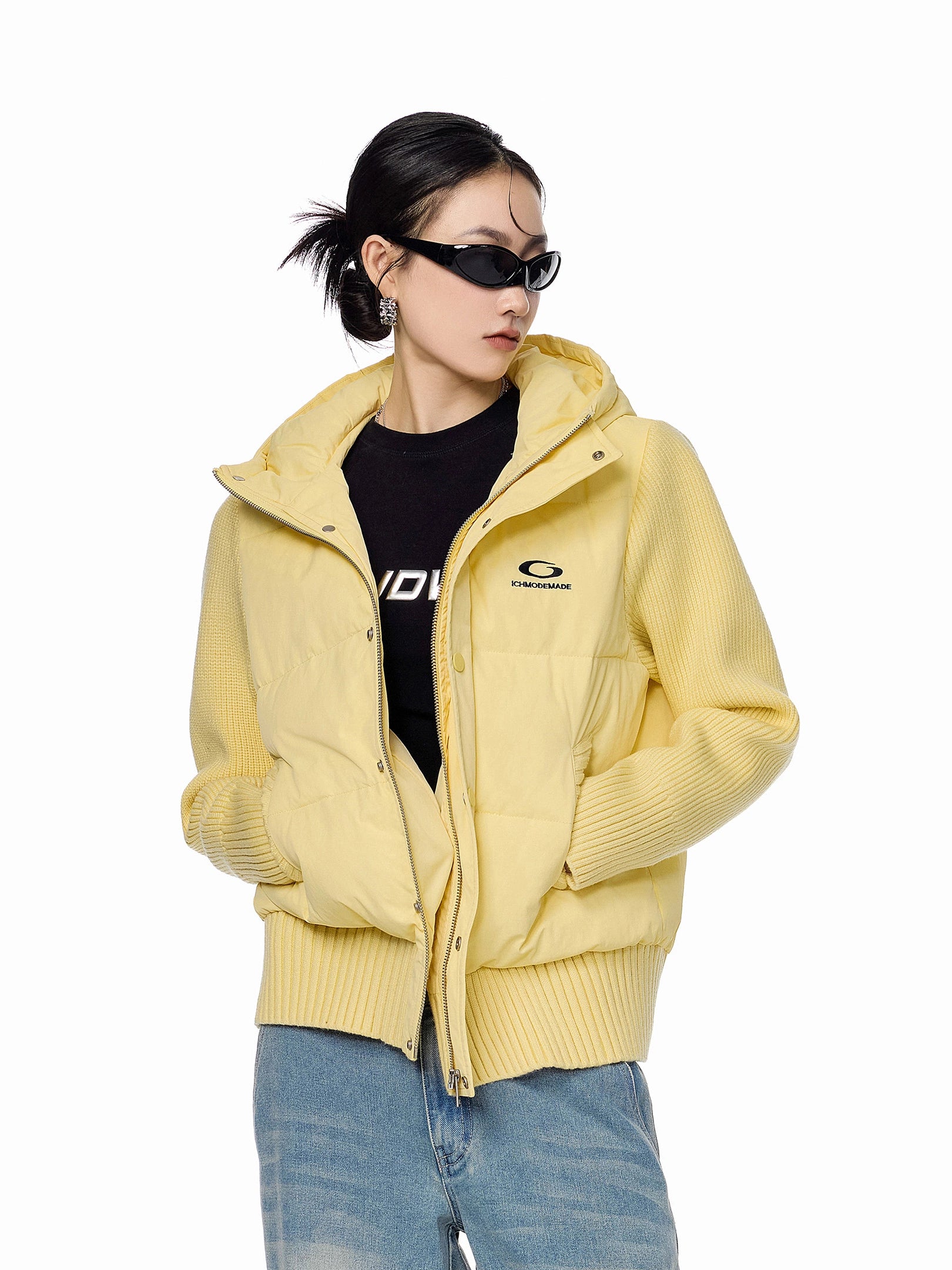 ICH MODE 美式复古假两件短款棉服外套女秋冬季修身连帽棉衣上衣