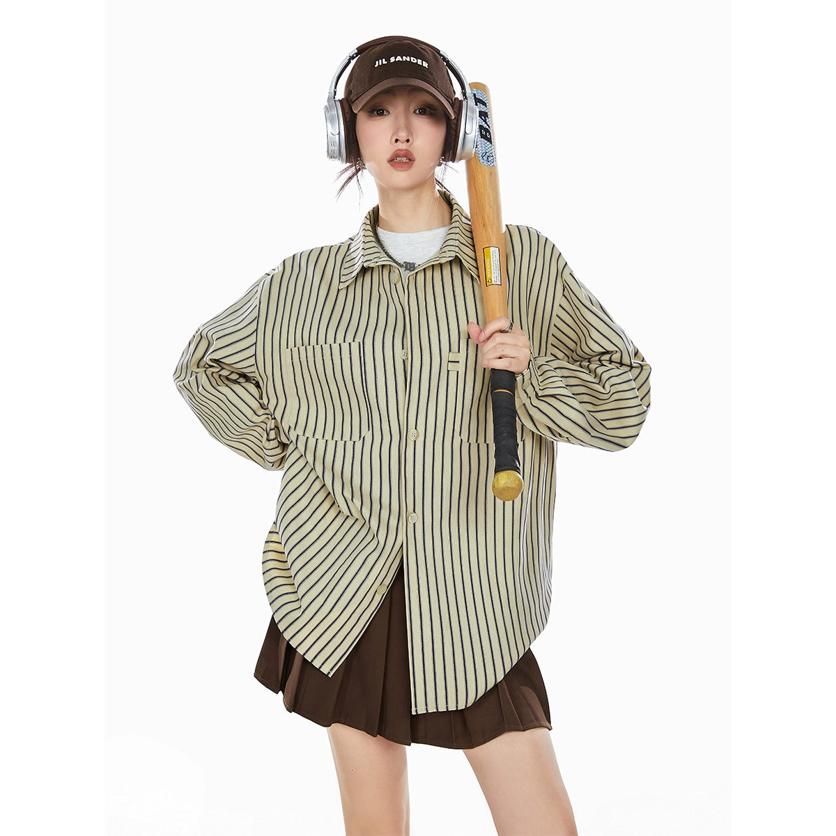 ICH MODE 美式复古条纹衬衫女夏季新款宽松慵懒蓝色衬衣外套上衣