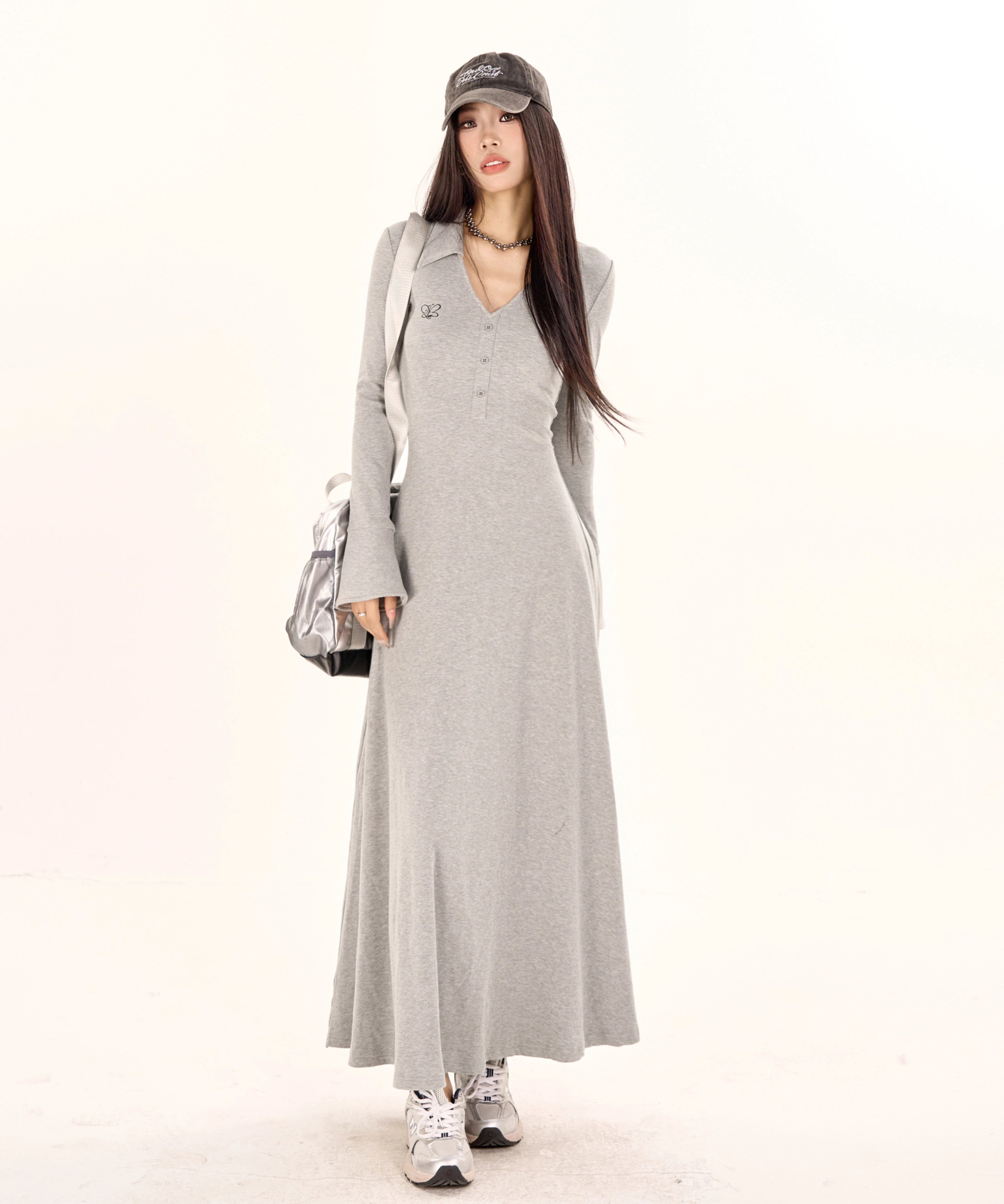 野生zero 黑灰色气质v领喇叭长袖连衣裙女春季收腰修身显瘦长裙子