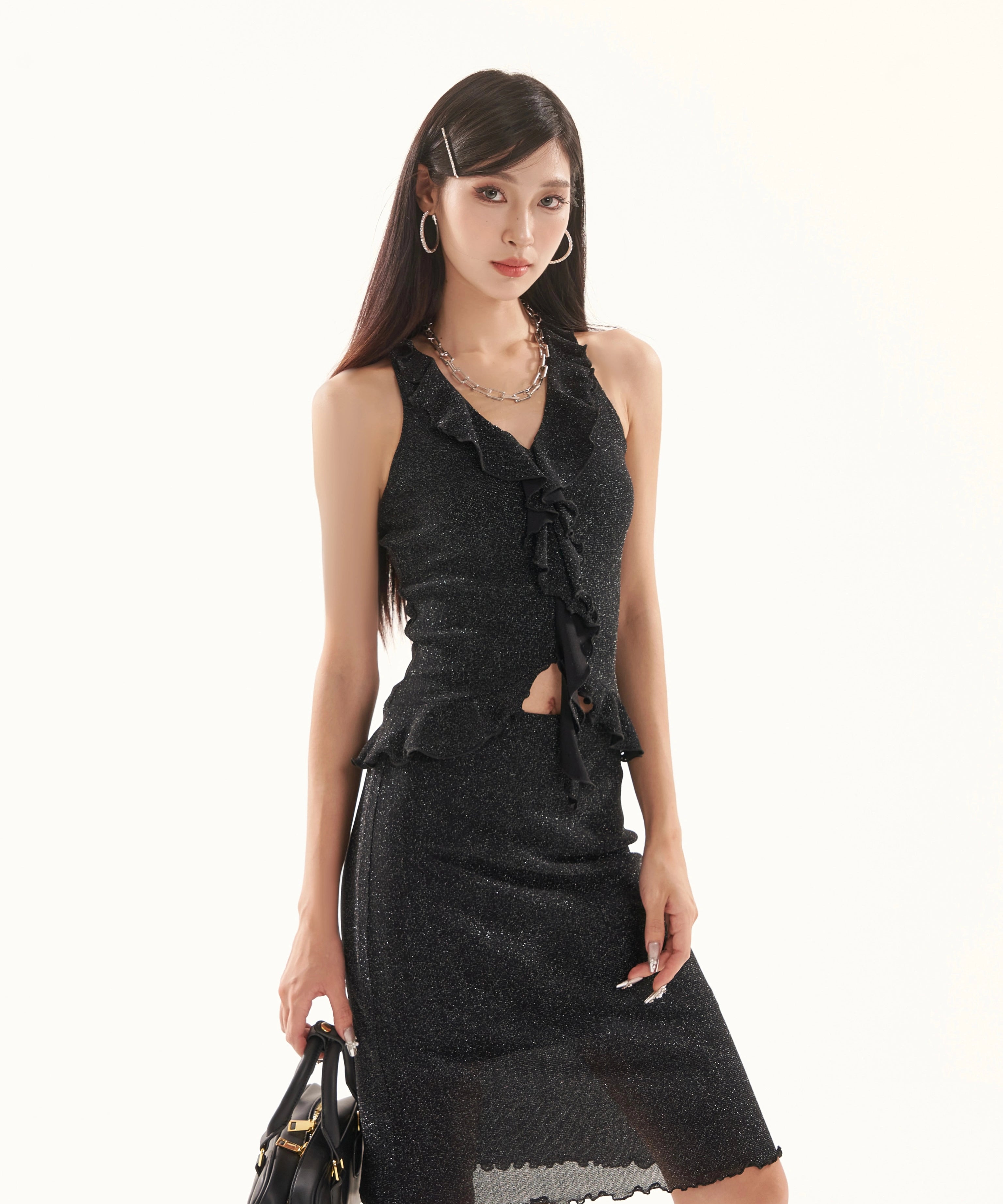 野生zero 辣妹套装裙女夏黑色荷叶边V领无袖背心上衣直筒中长裙子