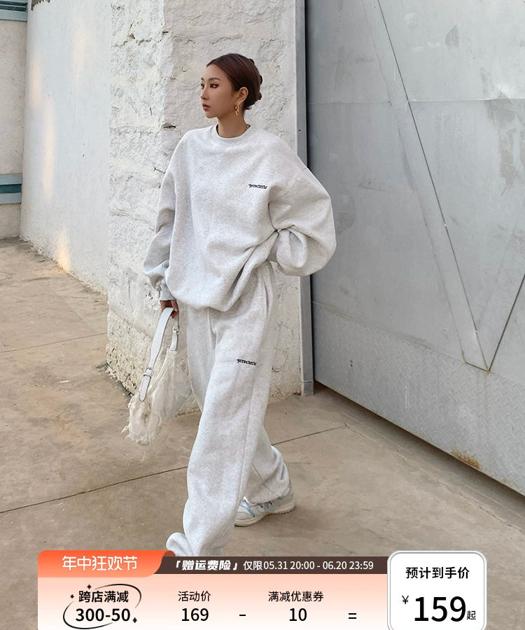 野生zero灰色运动卫衣套装女春秋冬季加绒宽松慵懒风休闲束脚裤子