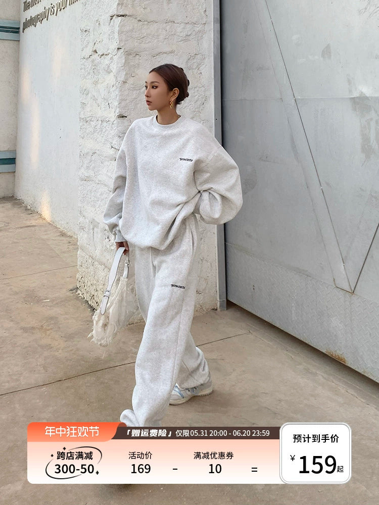 野生zero灰色运动卫衣套装女春秋冬季加绒宽松慵懒风休闲束脚裤子