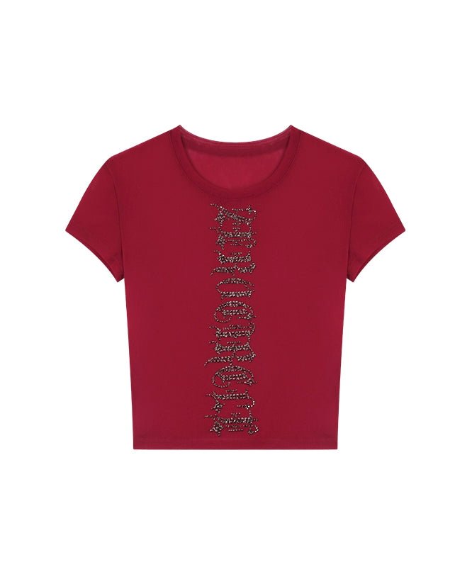 野生zero 黑灰红色烫钻正肩短袖t恤女夏辣妹修身显瘦短款网纱上衣