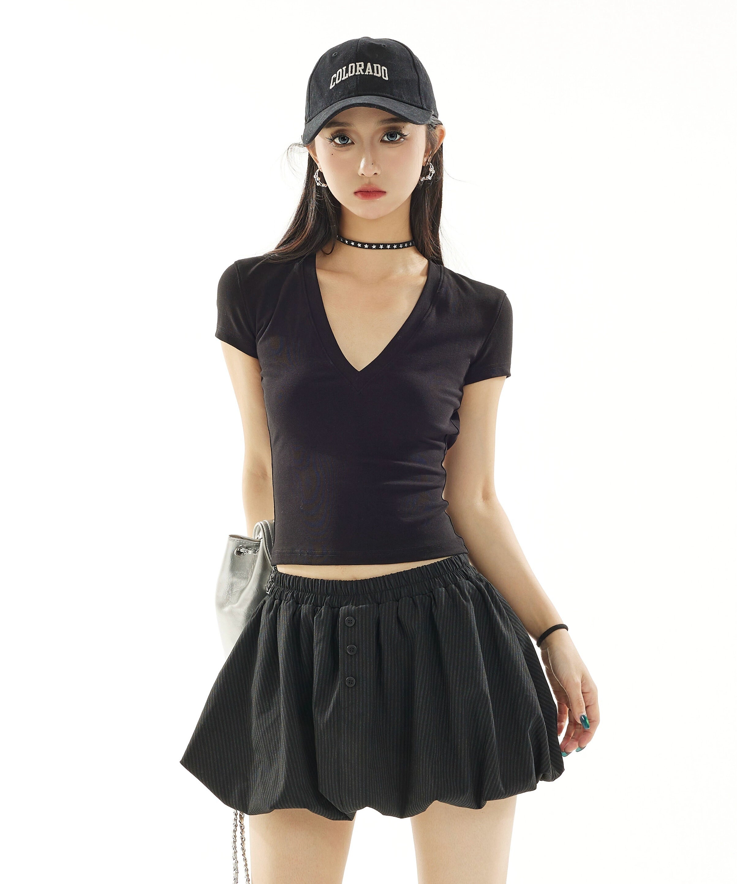 野生zero 黑色蓬蓬花苞半身裙女夏设计感宽松显瘦a字又甜又辣裙子