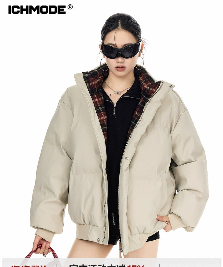 ICH MODE 美式复古格子拼接棉服女秋冬季保暖防寒面包服棉衣外套