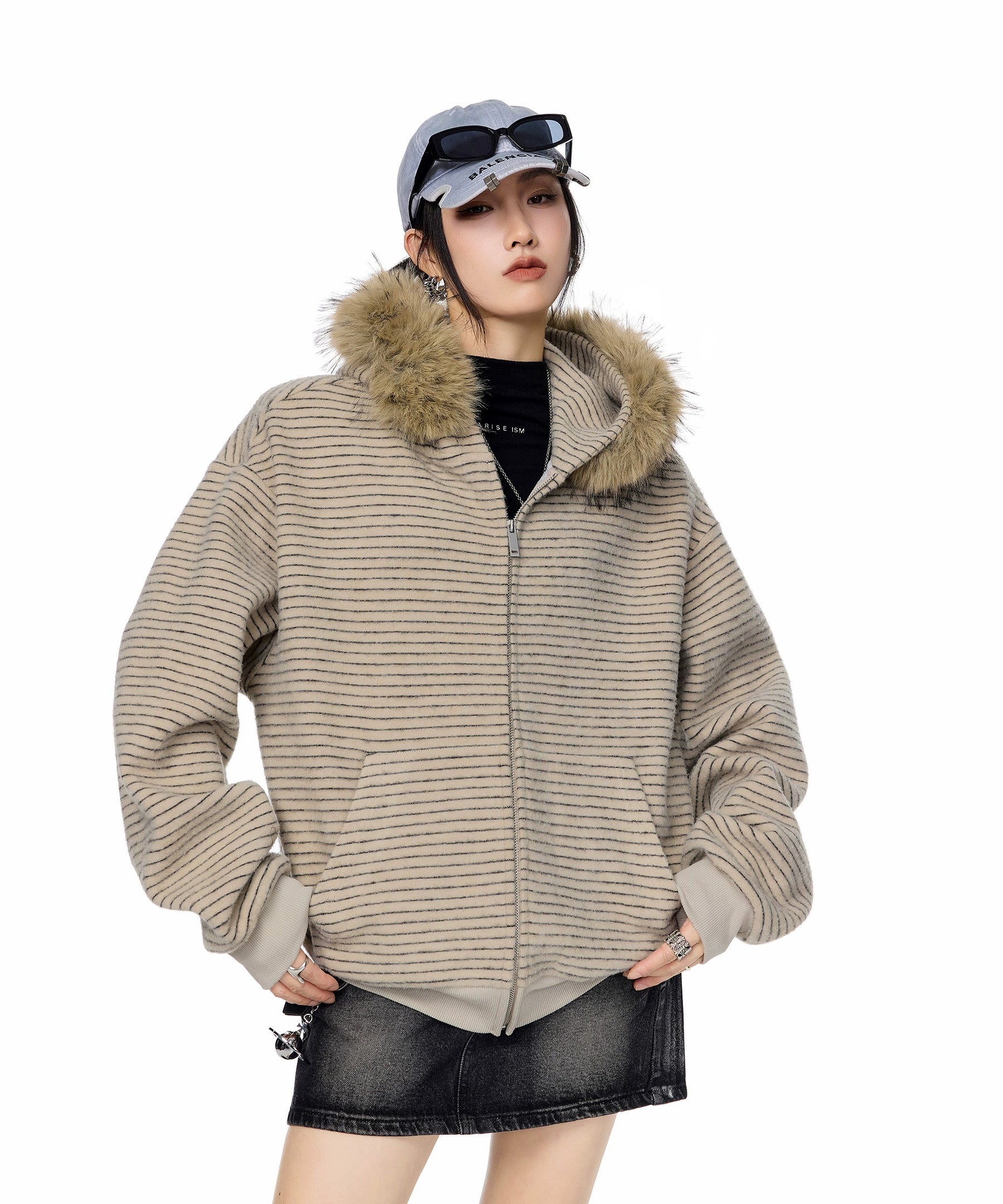 ICH MODE 美式复古毛领条纹连帽外套女秋冬宽松休闲卫衣开衫上衣