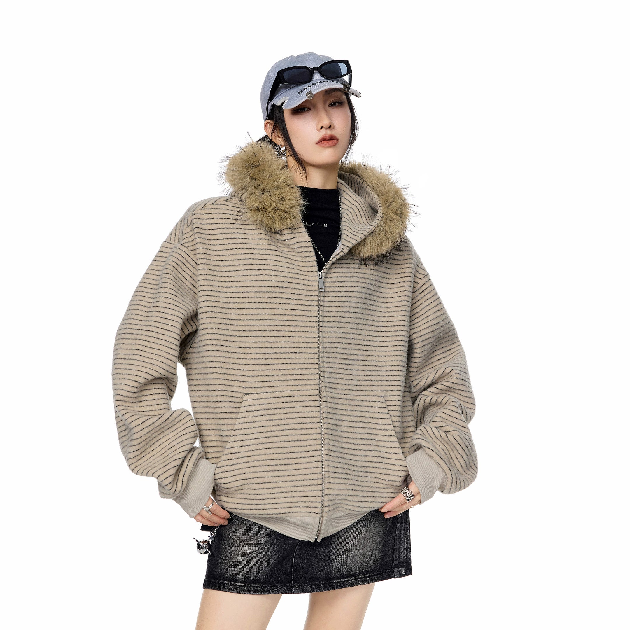 ICH MODE 美式复古条纹毛领连帽卫衣外套女秋冬休闲宽松开衫上衣