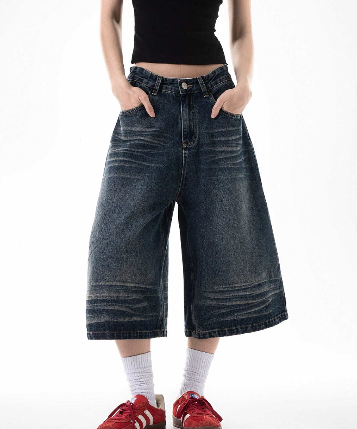 ICH MODE 美式七分裤牛仔裤女夏季宽松直筒工装休闲阔腿裤中短裤