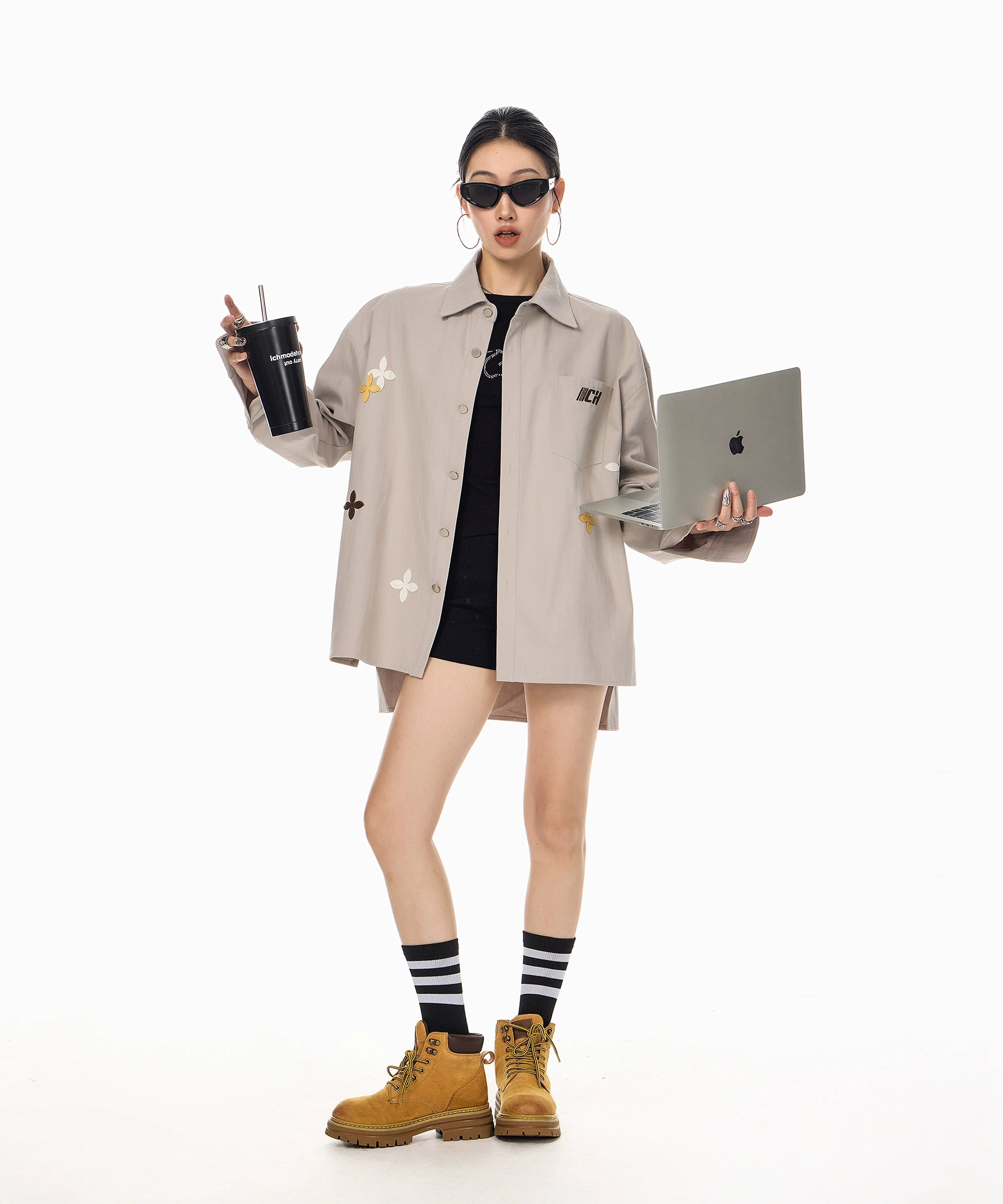 ICH MODE 美式复古刺绣长袖衬衫女2025新款宽松衬衣休闲开衫外套